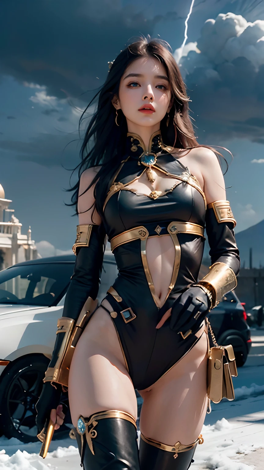 realistic visual effects，attractive beautiful，dramatic contrast，Gentle lighting，Delicate warmth，the soft light，hyper HD，Extremely colorful，best qualityer，Snow-whiteskin，8K high quality，Sexy goddess，A pair of big eyes are beautiful and moving，White skin，Makeup，Sexy outfit，Armed with futuristic modern weapons，gold；jewely；Blue Electric，【Background with】Large gears，Large gears，Doomsday ruins，Giant tornado，Strange sky，Lightning Thunder，The setting sun burns the dark clouds，Multiple planets，The end of the world，Multiple planets，Mards，Jupiter，Mercury，Strange sky，The Eiffel Tower，Egyptian pyramids，Great Wall of China，Giant Tornado ultra-futuristic car，Cool headlights