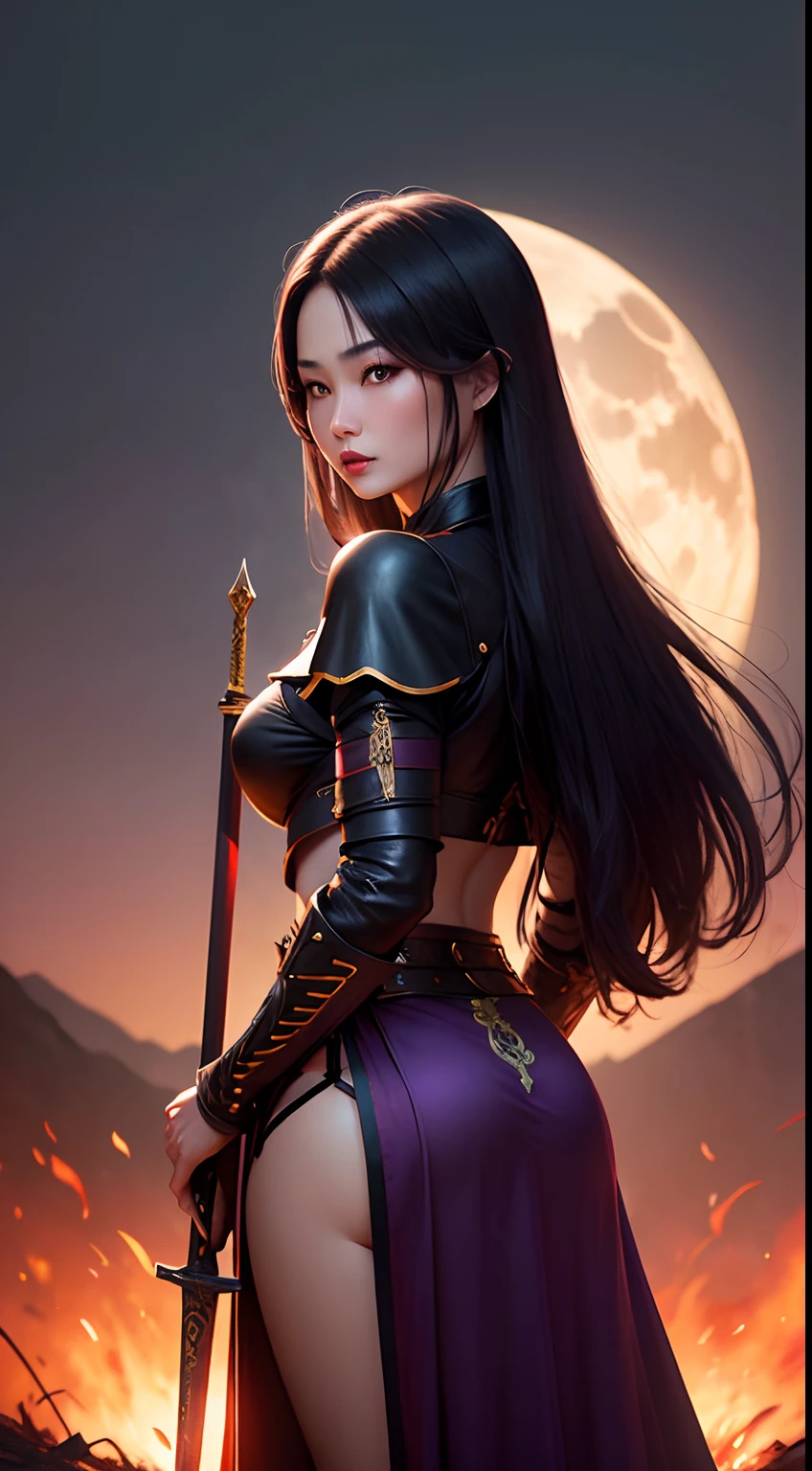 Behind the beautiful female warrior of Chinese amnesty、Standing with a sword in the burnt field at night Looking back at me About 40 years old Big moon in the background Chinese actress long hair of smooth purple color heavy make up bright red lips full body Esbian Looking at the camera Asian Beauty a scene from a movie
