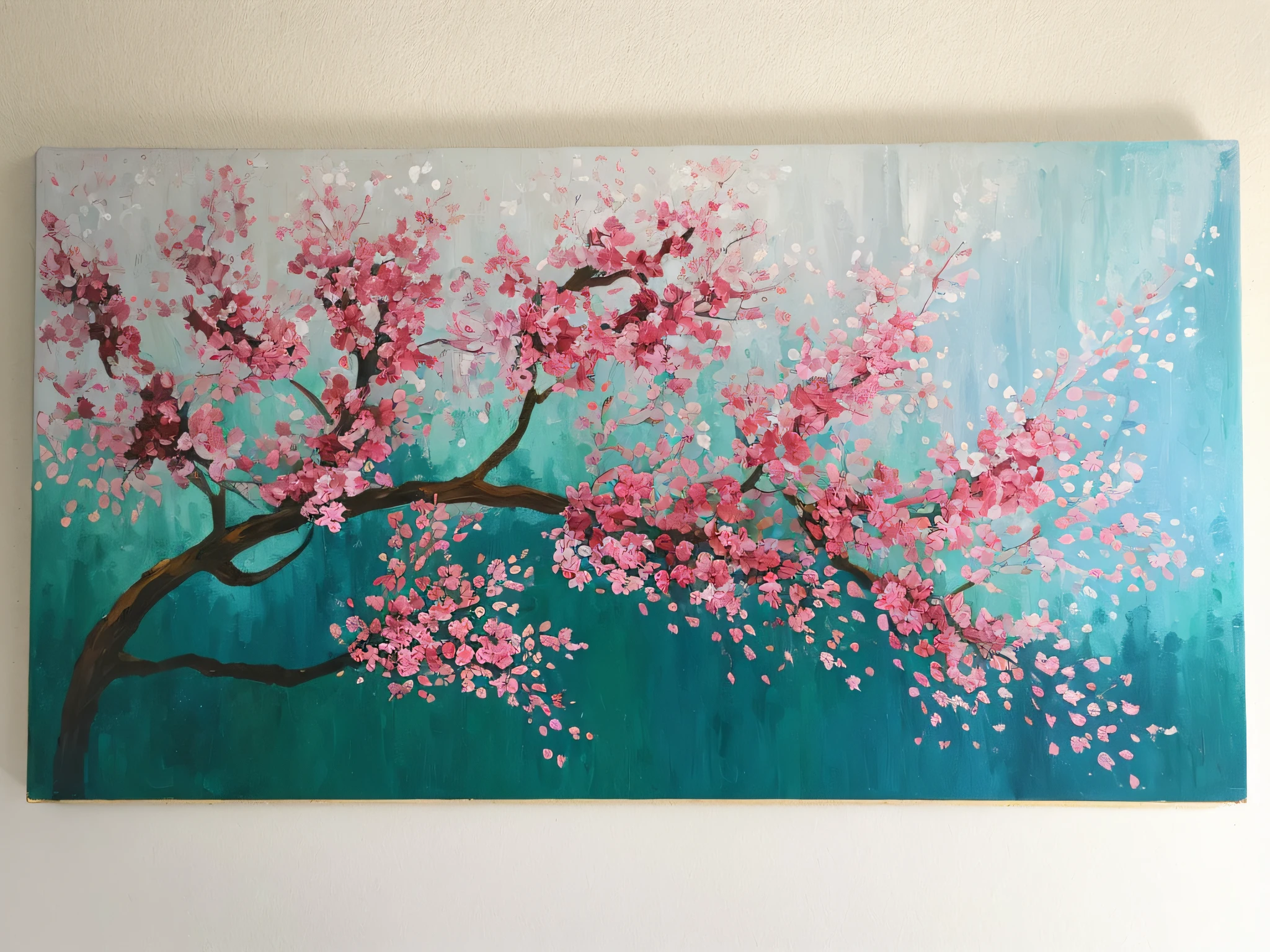 Painting of a pink tree with green leaves on a blue background, flor de cerejeira caindo, acrylic paint on canvas, flor de cerejeira, Cereja, Flores, flores de cerejeira ao vento, blossoming, Cerejeira em flor, Oil paint on canvas, pintura sobre tela, painted in acrylic, inspirado em Xie Shichen, acrylic on canvas, acrylic painting, floresta de flores de cerejeira