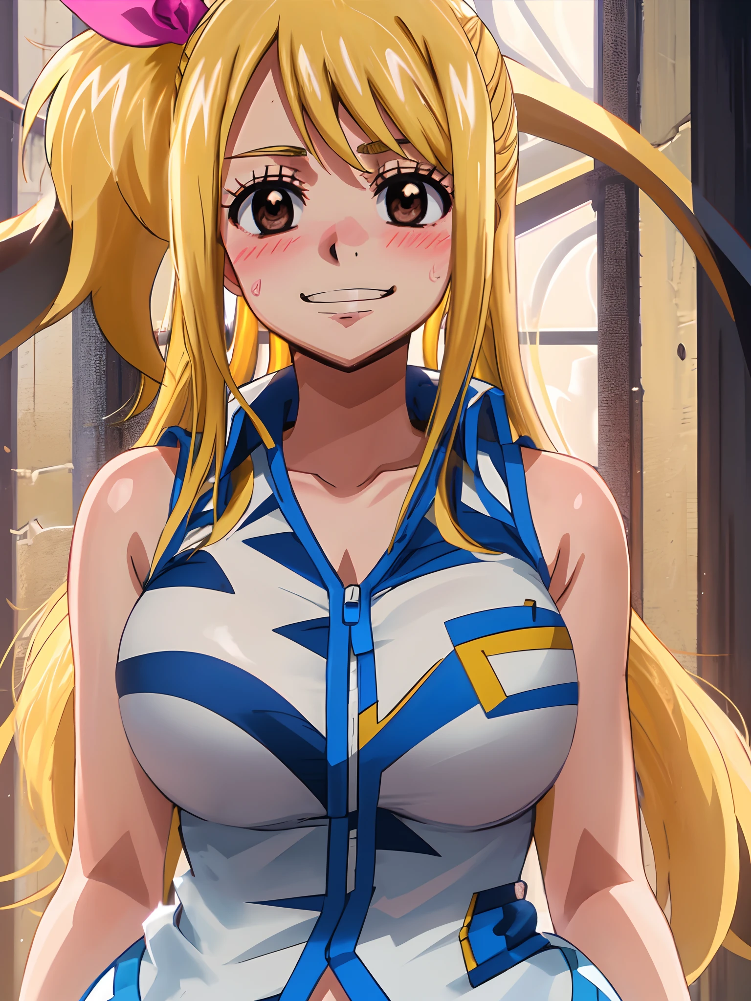 masterpiece, best quality, large breasts, lucy heartfilia, solo, blonde hair, brown eyes, long hair, side ponytail, bare shoulders, sleeveless, hair ribbon, evil smile, blush, breath, upper