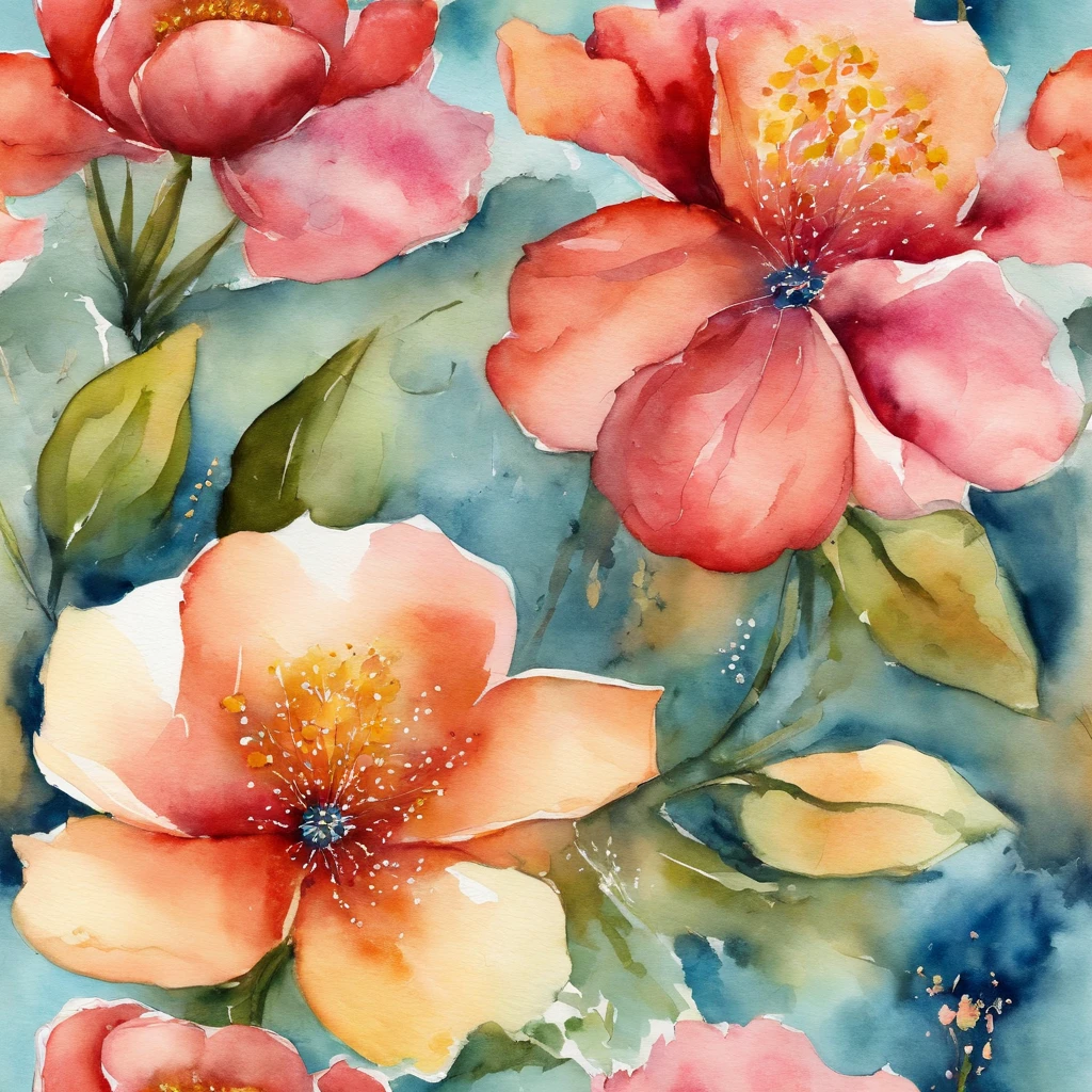 Flores divinas , em aquarela 3d , flores de cerejeira em ikebanamulticoloridas