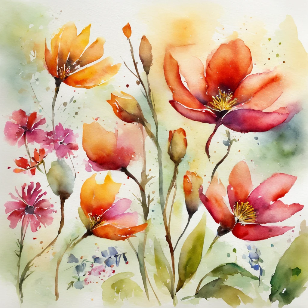 Flores divinas , em aquarela 3d , flores de cerejeira em ikebanamulticoloridas