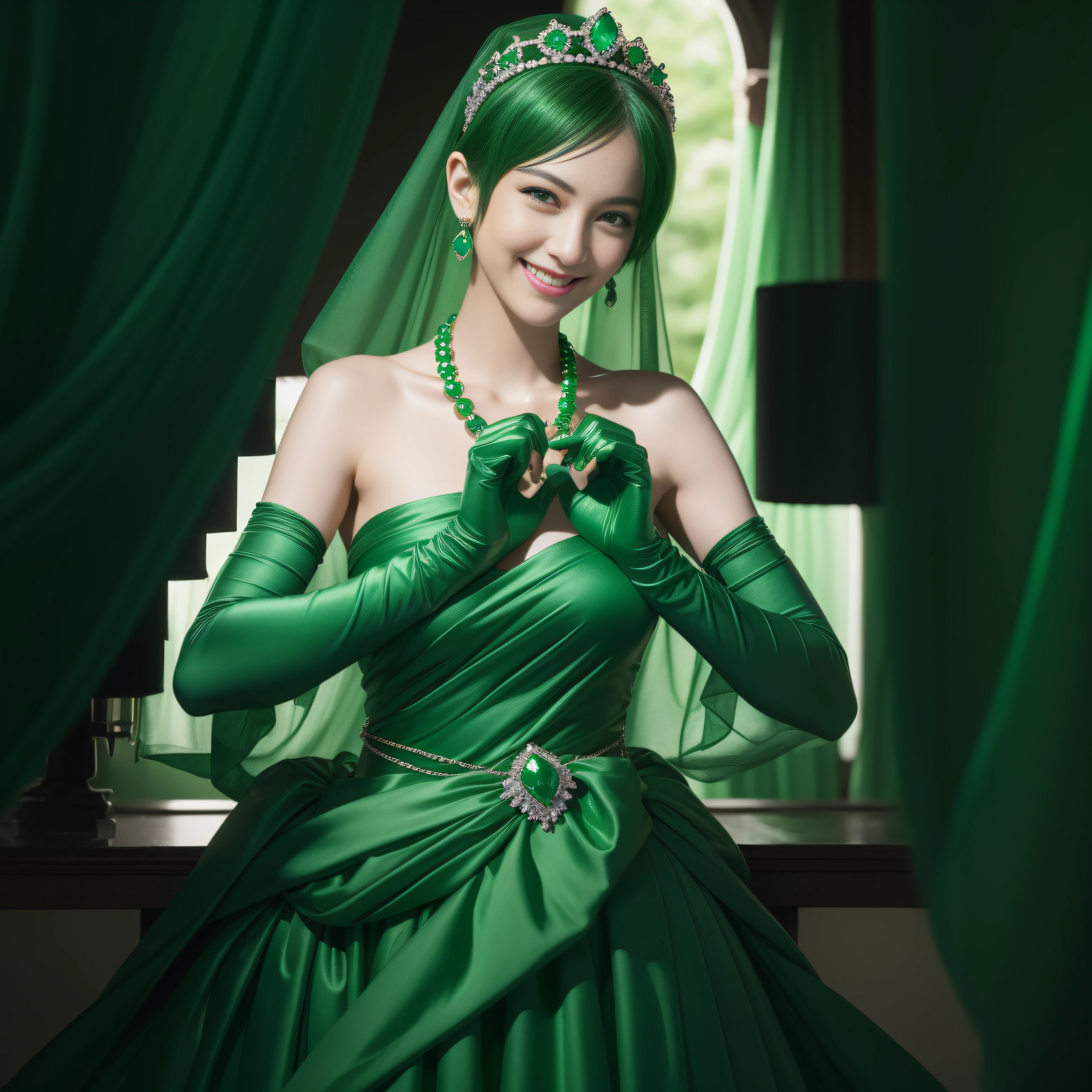 emerald tiara, Green Pearl Necklace, Boyish very short green hair, lipsticks, Japan woman smiling, very short short hair, fist, big breasts beautiful, Green eyes, Long green gloves made of satin material, Green eyes, Emerald Earrings