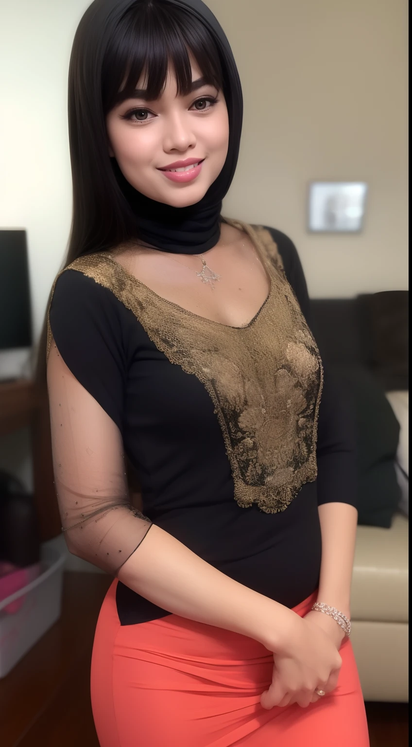 Malay girl, long black hair, shaggy bob hair with bangs, wear black baju kebaya, laughing and posing with hand on hip, front view, windy, detail skin, age spot, detail skin texture, mole below eyes, small breast, flat chest, wide hips, small waists, thick thighs, slim abs, beautiful body, nighttime, laughing, happy, bright lighting, living room, blur background, bokeh,