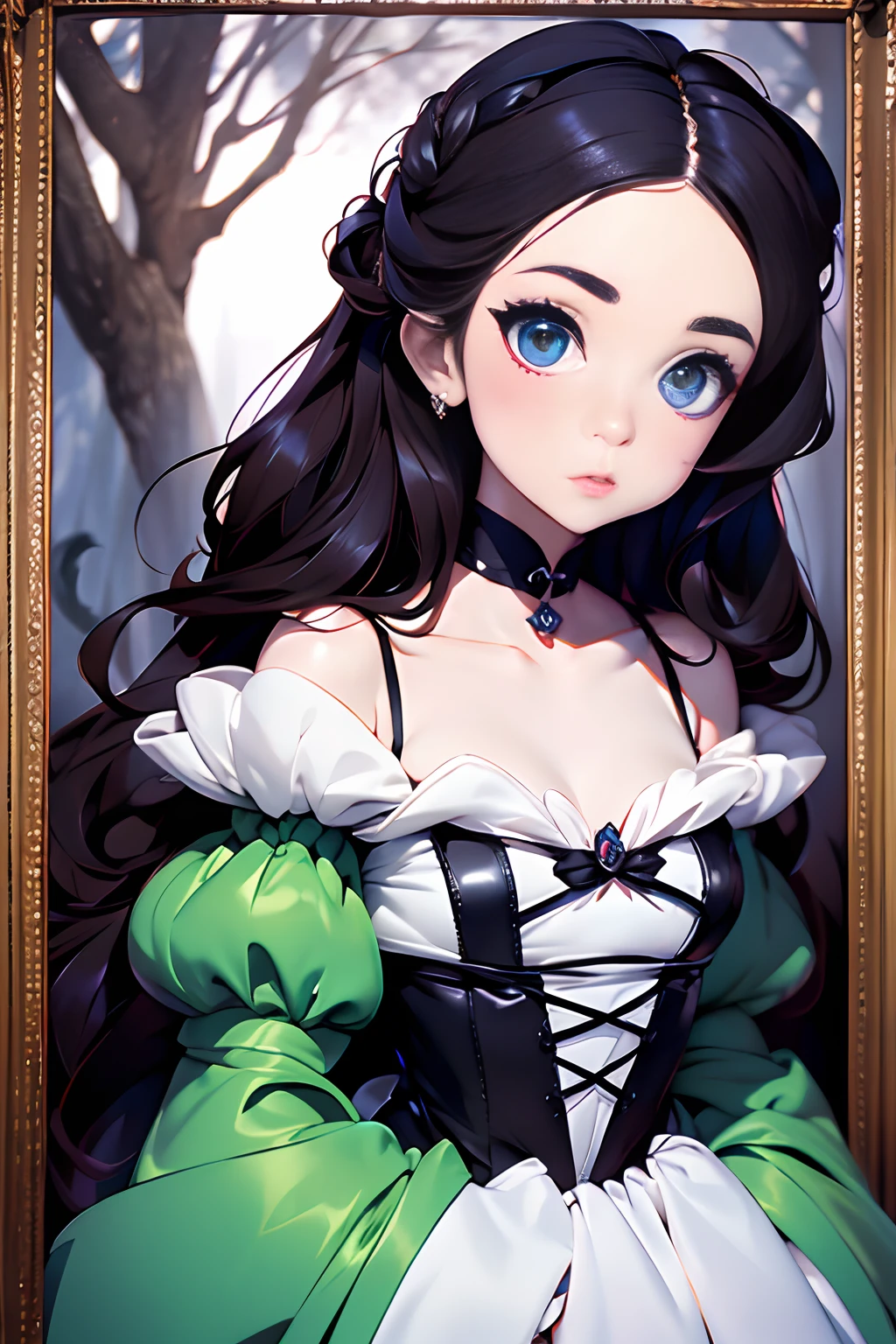 caricature、Tim Burton Style、Wandering beauty、Princess Snow White、Surprised、A world of pale colors、deep-forest