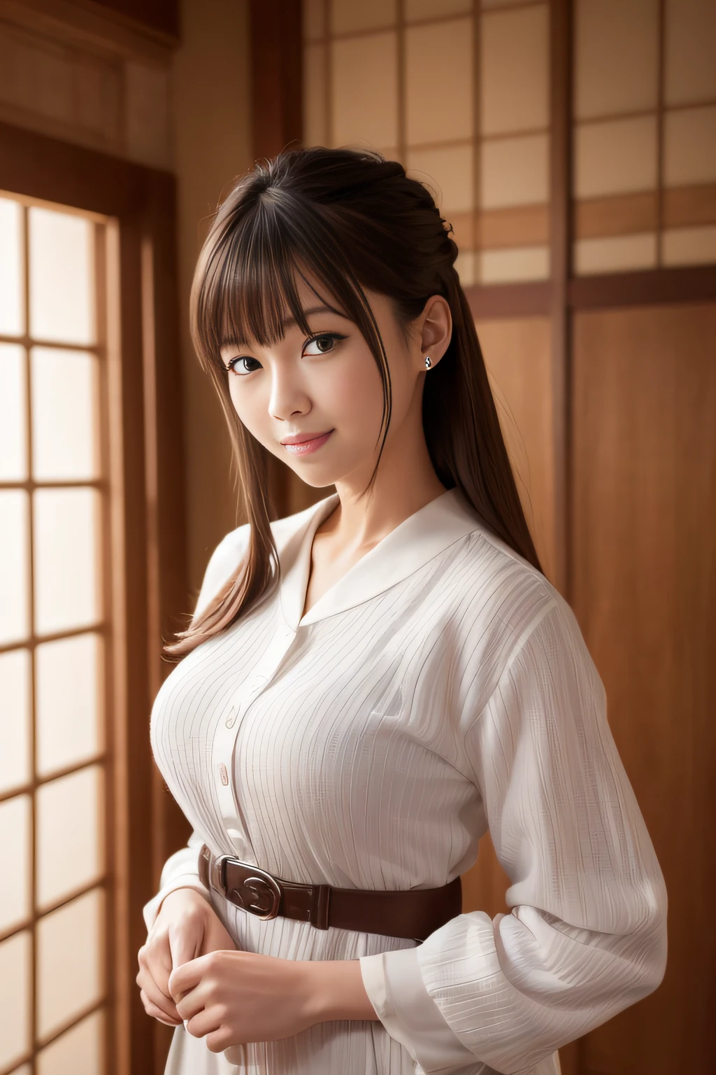 of the highest quality, masutepiece, 超A high resolution, (Photoreal: 1.4), Front view, Half body, western clothes, famous japanese actress, a very beautiful woman, Cute, Nice smile, Cinematic 35mm lens, F/1 .8, Accent Lighting, 8K, a room, Beautiful double eyes with equal left and right eyes, Hands down, poneyTail