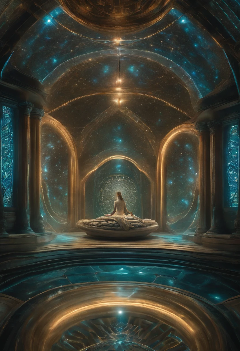 facing us, A cosmic spaceship rises that radiates a spectacle of colors, with its vibrational contours and an intricate mosaic of dancing cybernetic codes. Dentro dessa nave, encontramos uma figura humana imersa em um campo de energia resplandecente, uma verdadeira sinfonia de luz. The viewer is enveloped by frequency bands that dance in the air like magic tapes, As the cybernetic codes flow like rivers of luminous wisdom, acariciando a mente.
Os chakras, pontos de energia, They manifest as swirling vortices of color that merge harmoniously with the surrounding vibratory frequencies. A holographic platform projects a cinematic representation of the human being, um corpo feito puramente de luz e energia, in a dazzling spectacle that defies reality.
Tiny particles dance in the air, Like stars in a particular galaxy, synchronizing with the waves of energy that fill the space. Strands of ethereal energy intertwine in the air, creating a complex tangle that connects to the central figure and radiates to the surrounding environment, Like a web of mystical connections.
While the mind of the observer is transported into a realm of inner exploration, The platform reveals itself as a true futuristic medical chamber. Dentro dela, Advanced curing technology, Known as "medbeds", unleashes a profoundly innovative process of regeneration and transformation. The fusion of extraterrestrial technology with human bioenergy creates a remarkable synergy, leading to holistic healing that transcends any conventional understanding.
The connection to this technology also allows for the seamless integration of state-of-the-art cybernetic implants, potencializando o potencial humano. Enquanto isso, The surrounding environment manifests as a crystalline chamber of healing, where the vibrations resonate in harmony with the essence of the being, elevating you to a state of transcendence.
In this scenario of inner and outer exploration, a m