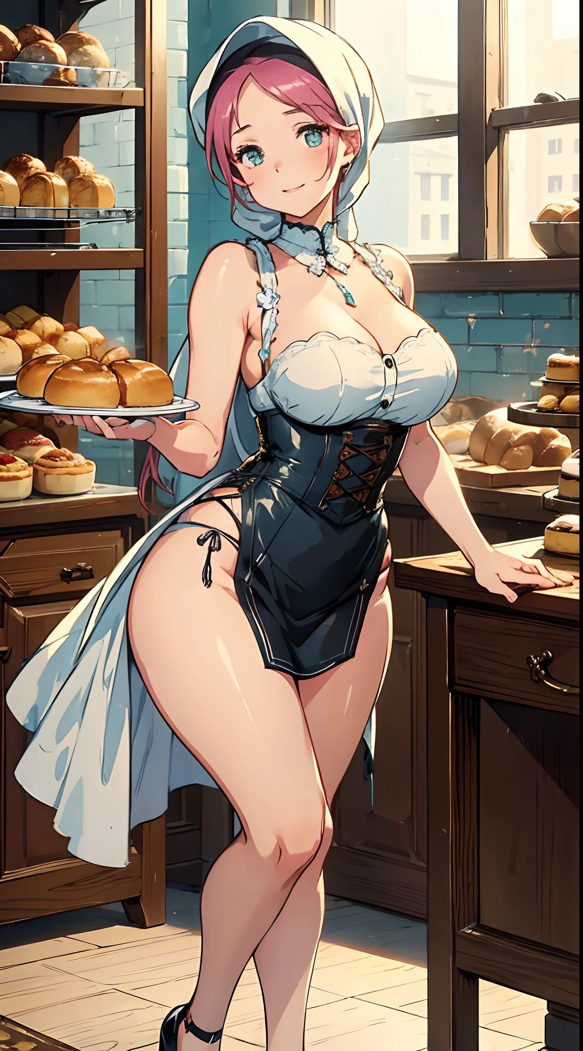 (best quality,4k,highres,masterpiece:1.2), ultra-detailed, realistic:1.37, vibrant colors, HDR, professionally captured,
woman in a hijab, detailed eyes and lips, gracefully standing, smiling, confident,
wearing a white pvc corset lingerie, fitting perfectly to her curves,
matching stockings, glossy and elegant,
stylish high heels, adding sophistication to her appearance,
working as a baker, passionate and dedicated in her craft,
beautifully handcrafted pastries and breads, freshly baked and perfectly arranged,
mouthwatering flavors and textures, artfully decorated,
surrounded by the aroma of freshly brewed coffee,
warm light from the oven illuminating the scene,
soft sunlight streaming through the windows,
meticulously crafted wooden shelves and vintage display cases,
artistic bakery interior with a touch of rustic charm,
subtle pastel color palette, creating a serene atmosphere,
delicate floral patterns on the tablecloth, adding a touch of femininity,
a glimpse of the bustling city outside, hinting at the bakery's urban charm,
a sense of joy and fulfillment in her eyes as she creates delicious treats,
capturing the beauty of her cultural identity and her passion for baking in one frame.