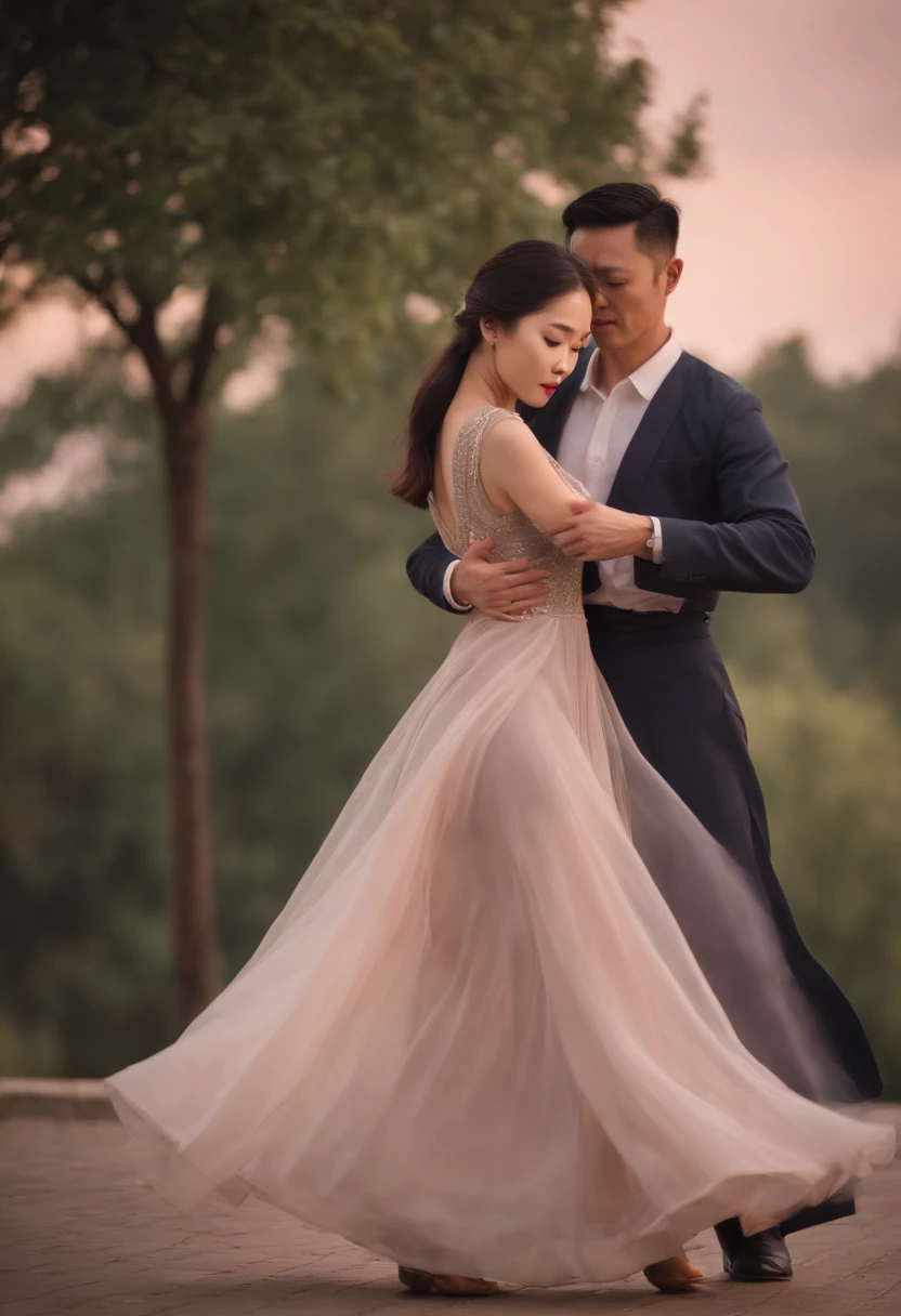 a chinese lady in transparent long dress dance tango with a man at parklake in the moonlight