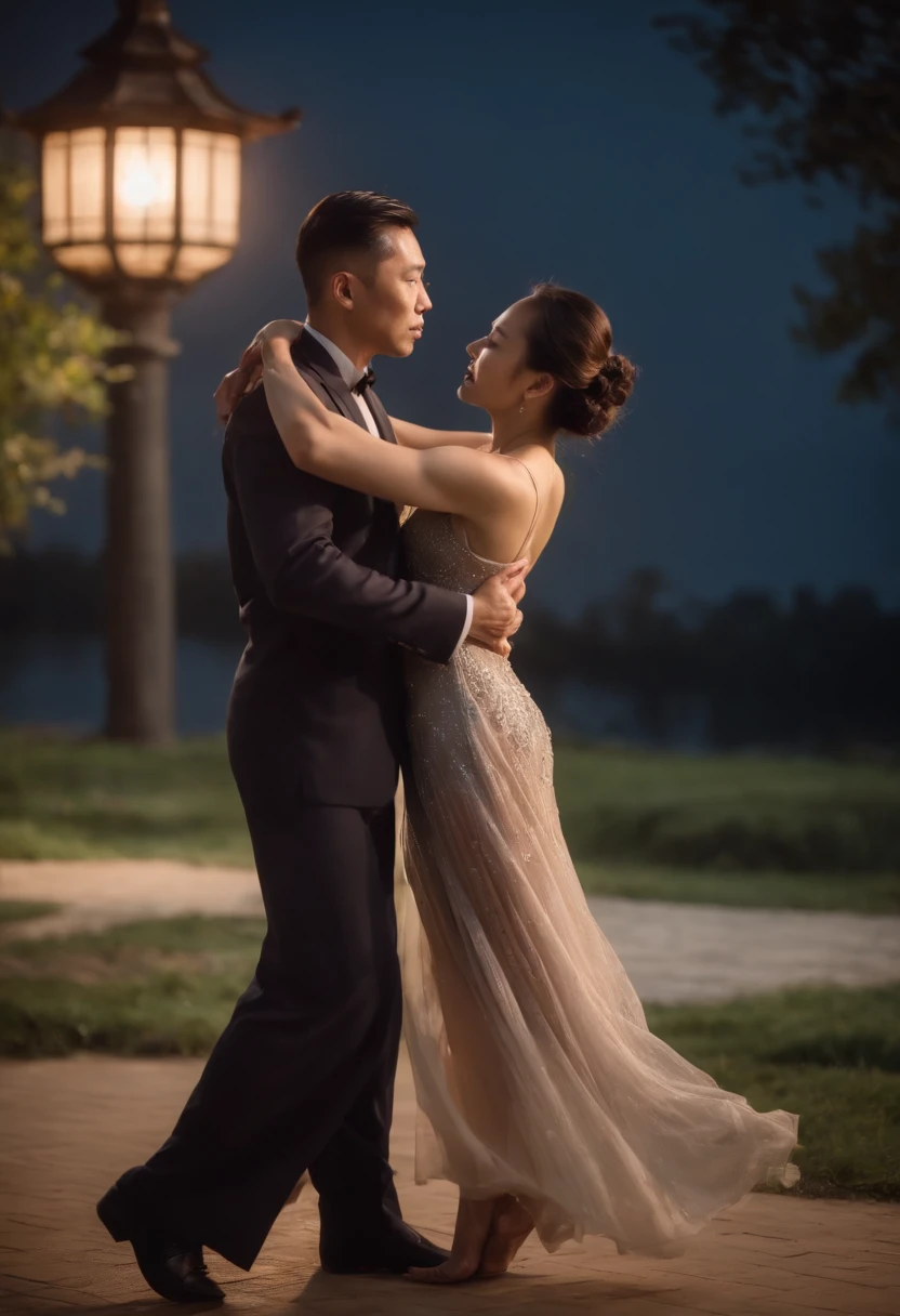 a chinese lady in transparent long dress dance tango with a man at parklake in the moonlight