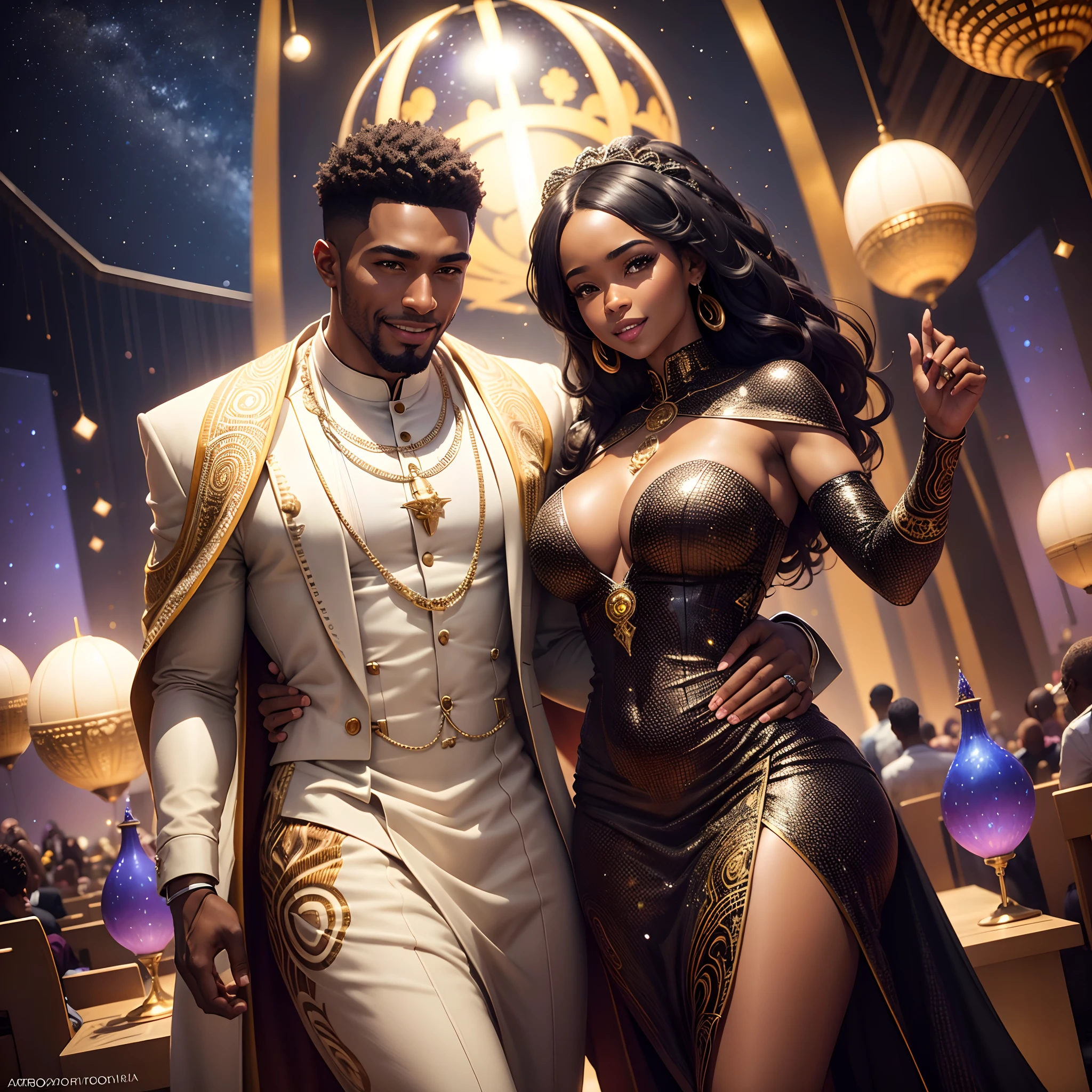 Close up of a happy Black man dressed in African designed clothes wedding a happy black woman dressed in african designed clothes getting married, futuristic african wedding with celebrating congregation in the background, in a futuristic African area surrounded by metallic candles, sphere drones in the sky, night time with stars shining,  with iridescent light, photorealistic image, ultra HD, cinematic lighting, artgerm style,