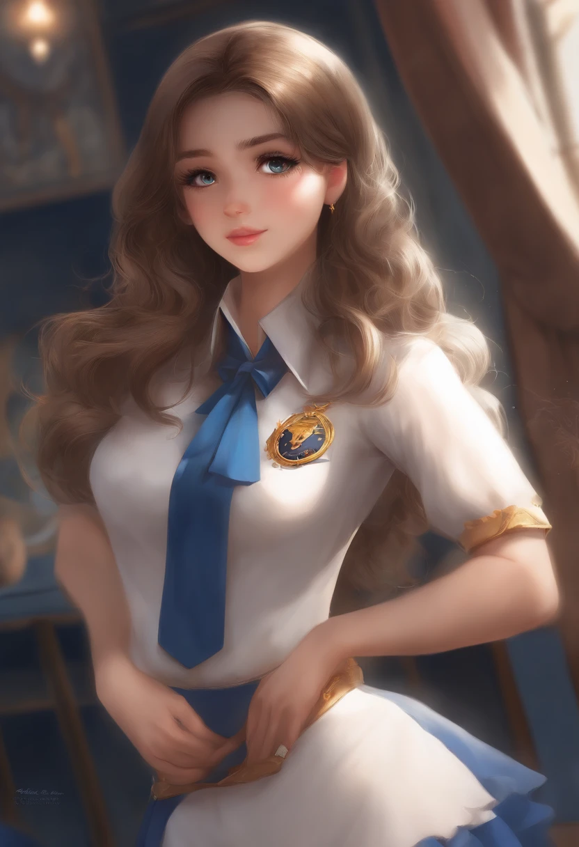 1girl, pele azul,  lobo, medium breasts, Uniforme escolar, retrato, fundo simples, (peludo:1.5)