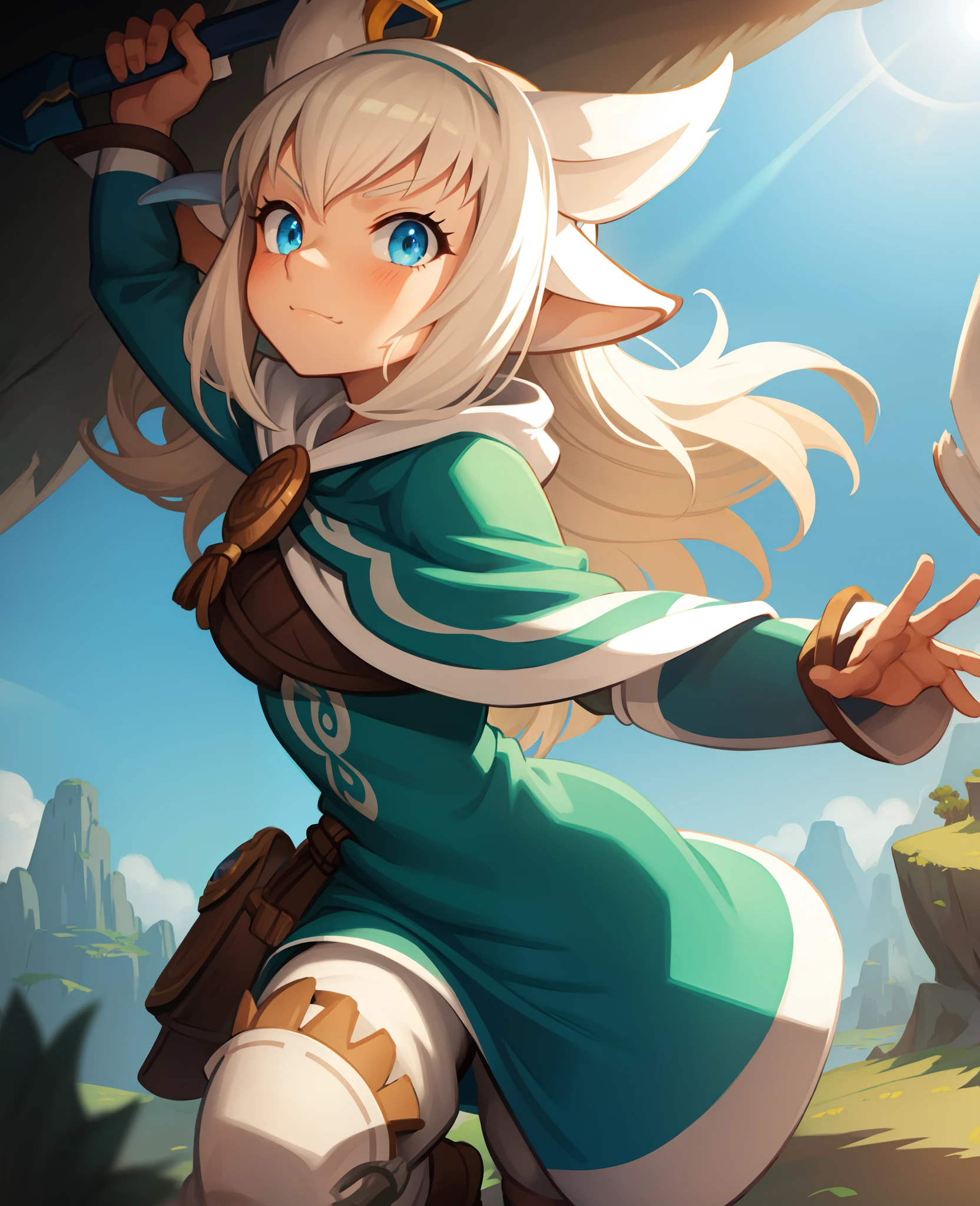 Huppermage, Wakfu, best quality, beautifully detailed illustration, (Monster Hunter), beautifully detailed sunlight, soft lighting, (best shadows), looking at viewer,
BREAK
1girl, bakarajurgen, cloak, hood, running,  outdoors, mountainside, cliff face