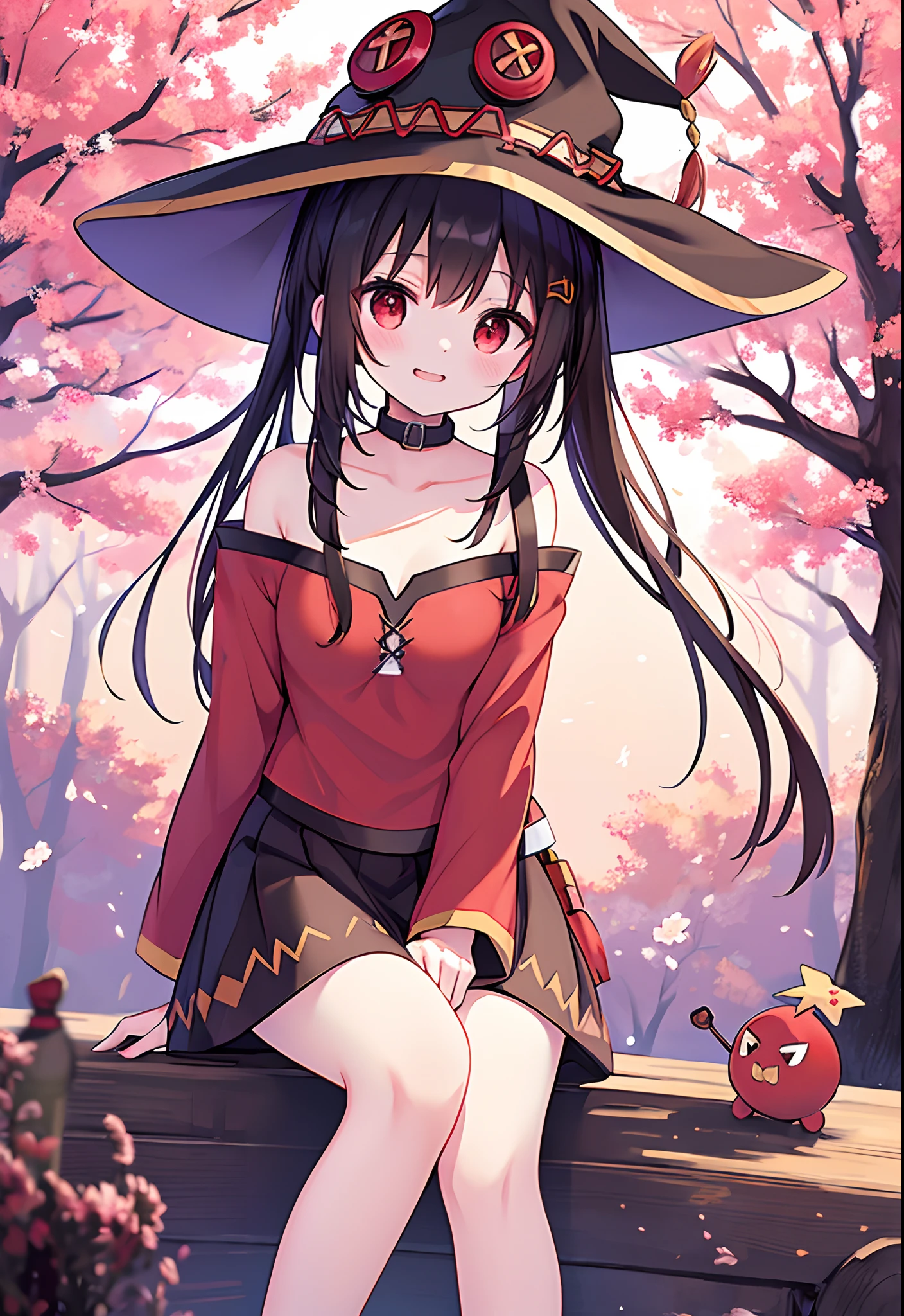 Megumin, red eyes, cabelo curto, cabelo castanho, witch hat, Feliz, noite, Sakura, floresta, tronco