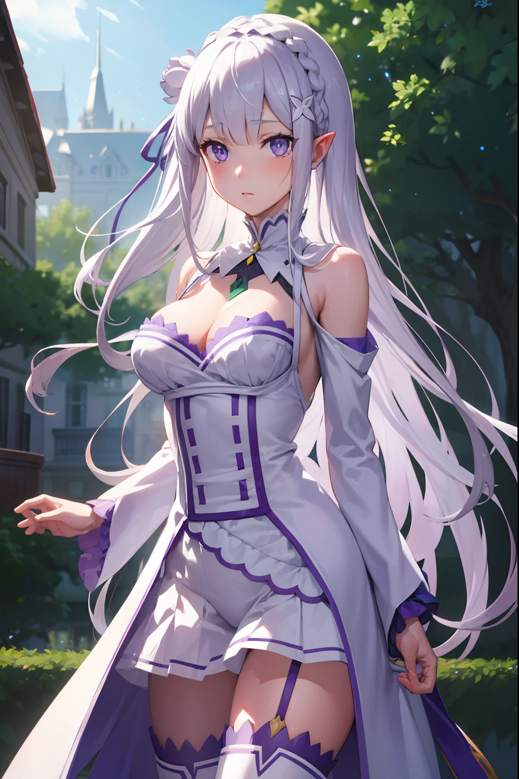 rezeroemilia, emilia, braid, crown braid, flower, hair flower, hair ornament, hair ribbon, long hair, pointy ears, (purple eyes:1.2), white hair, x hair ornament,
BREAK white bunny suit, sexy, skin tight, medium breasts, cleavage, bunny ears, fishnets, garter straps, zettai ryouiki,
BREAK outdoors, city,
BREAK looking at viewer, cowboy shot, full body, BREAK (masterpiece:1.2), best quality, high resolution, unity 8k wallpaper, (illustration:0.8), (beautiful detailed eyes:1.6), extremely detailed face, perfect lighting, extremely detailed CG, (perfect hands, perfect anatomy),