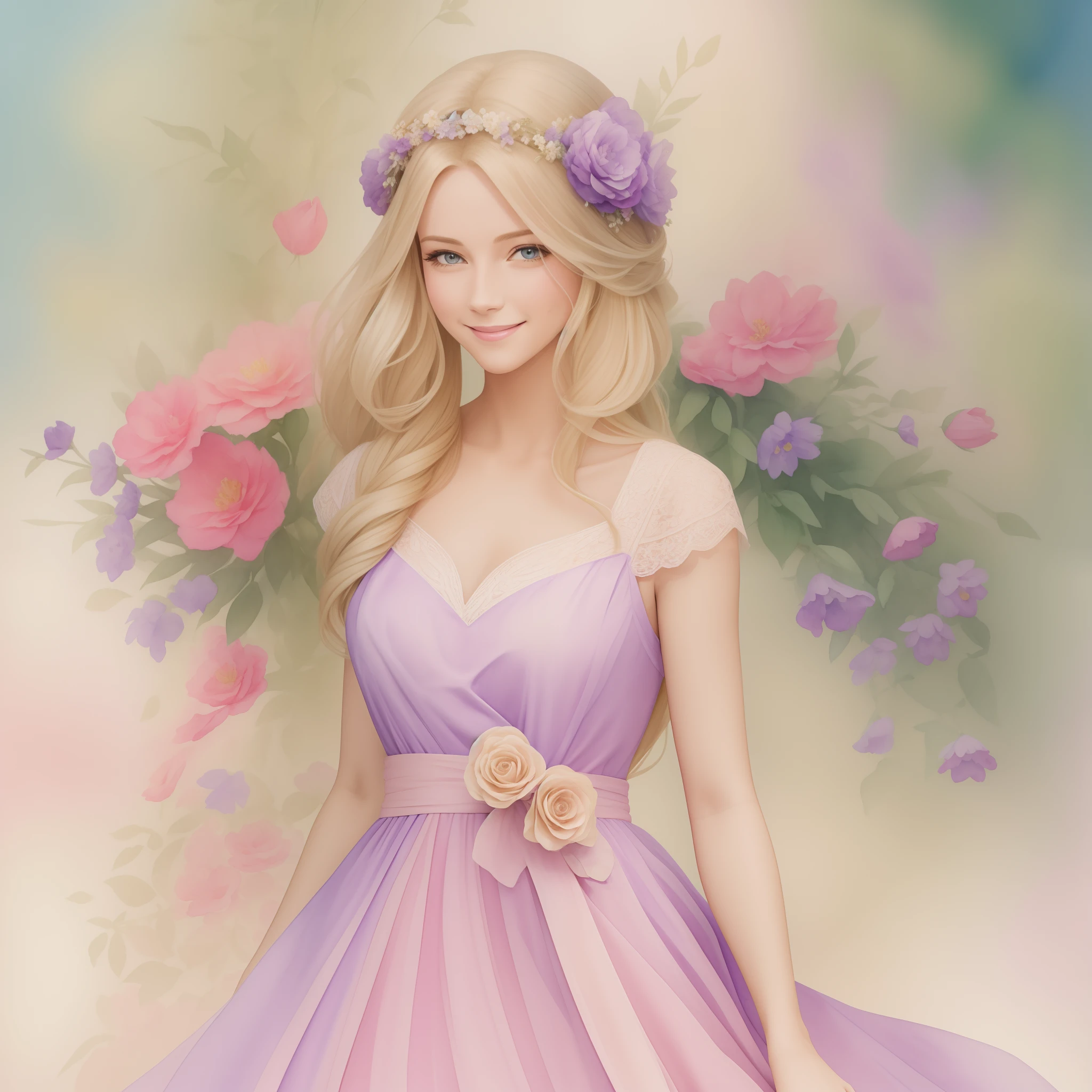 A watercolor painting of a smiling woman with long blonde hair in a purple princess dress is surrounded by flowers, ultra detalhada, sharped image, 4k, Image with 300 dpi resolution, image high resolution, imagem contendo 300 dpis