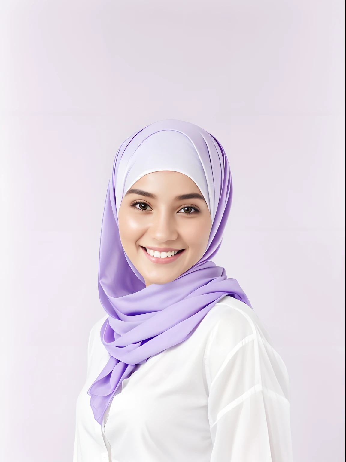 Masterpiece, hd, realistic, white shirt, purple head scarf, smile, simple background