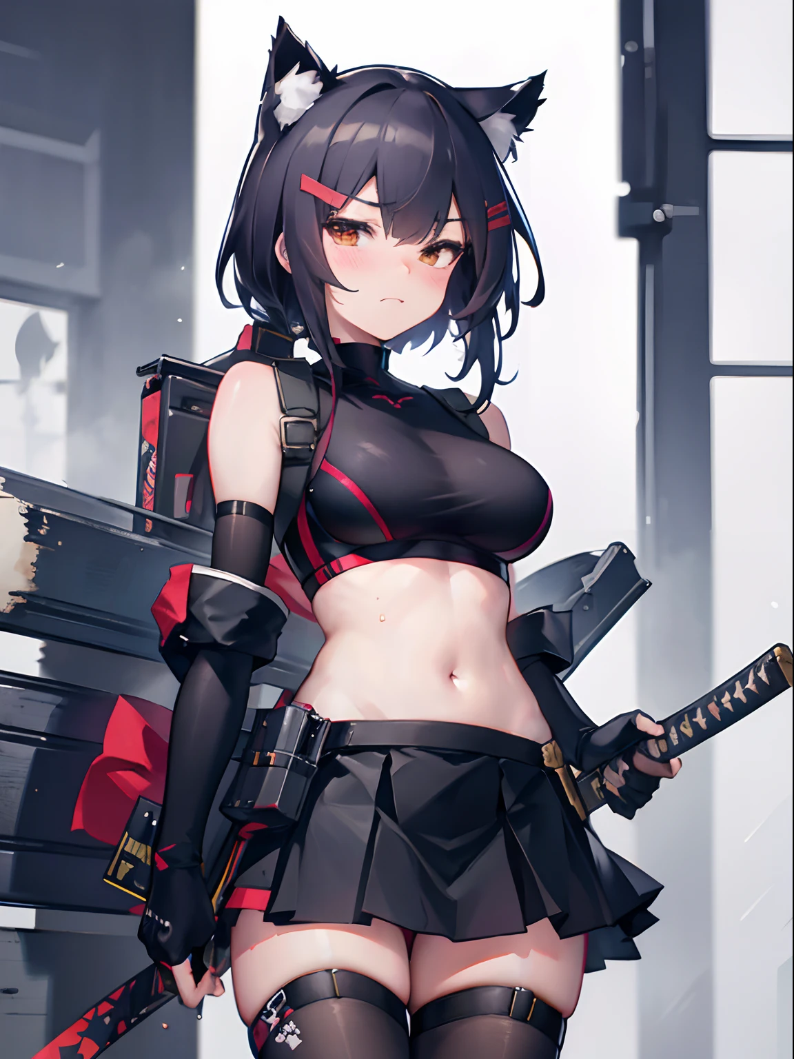 best quality, masterpiece, artstation, official art, 8k, high resolution, catgirl, cat ears, tactical, cinematic, depth of field, stockings, smug expression, skirt, sports bra, techwear, samurai, embarrassed, katana, katana hilt, samurai armor, long gloves