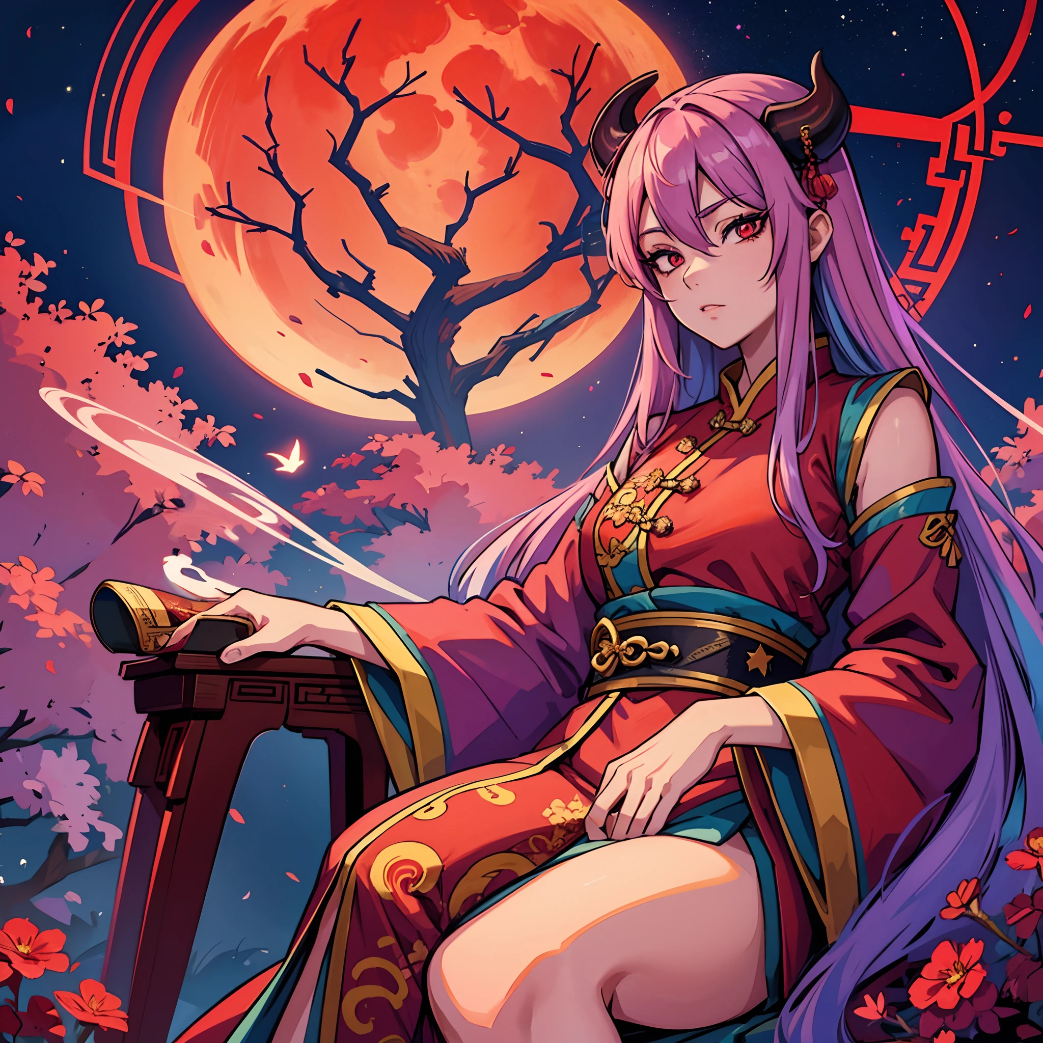 Lavender coloured hair, bright red Eyes, oni, wearing a old Chinese clothes, one hand on the, standing far from the camera, stars in the background with the full red moon, nobody else, long hair. sitting on a thrown, detailed eyes, anime, Smoking,