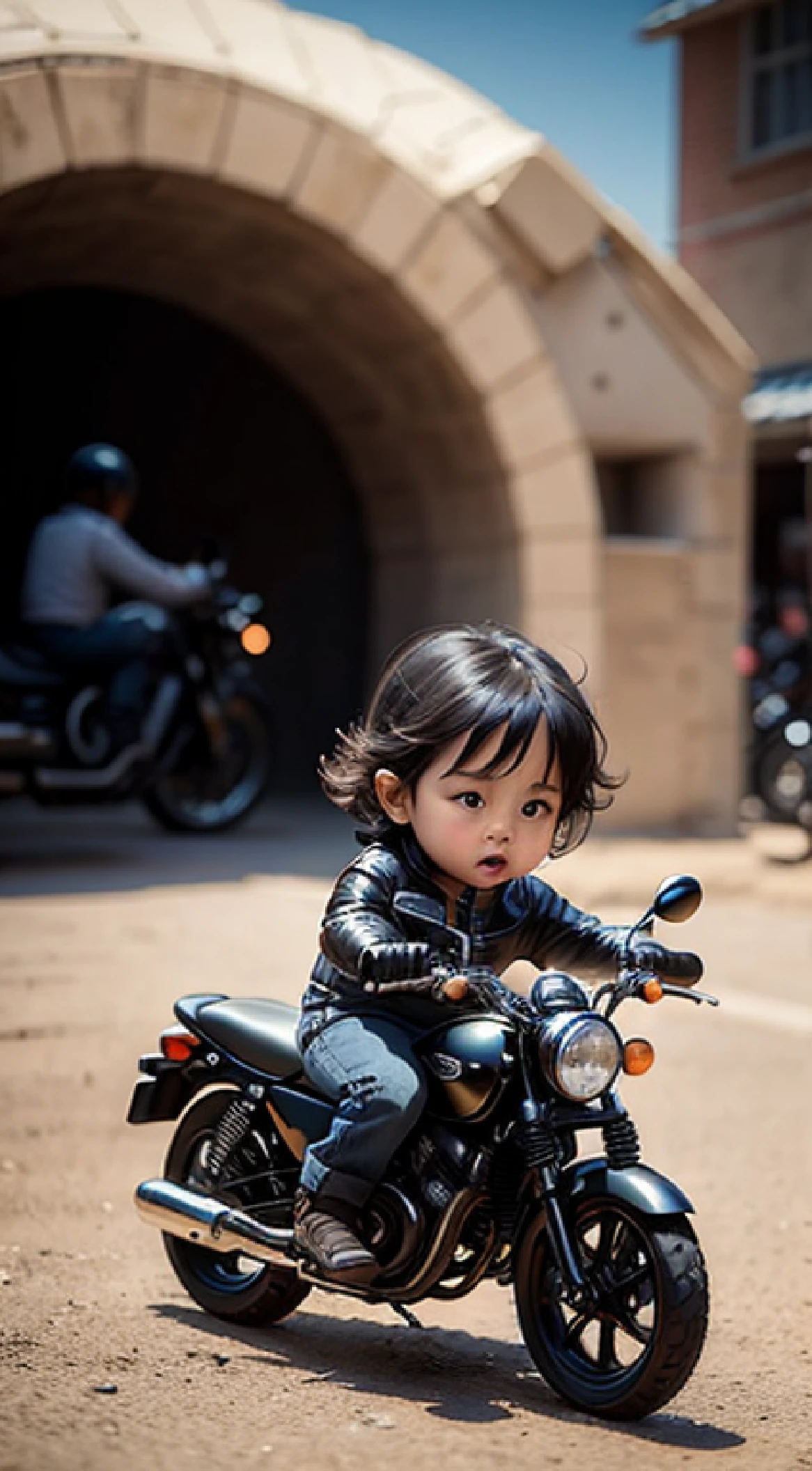  with black motorcycle, many childl tiny , Giant scenery.