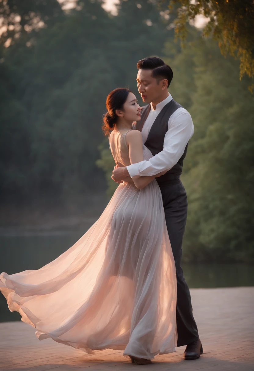 a chinese lady in transparent long dress dance tango with a man at parklake in the moonlight