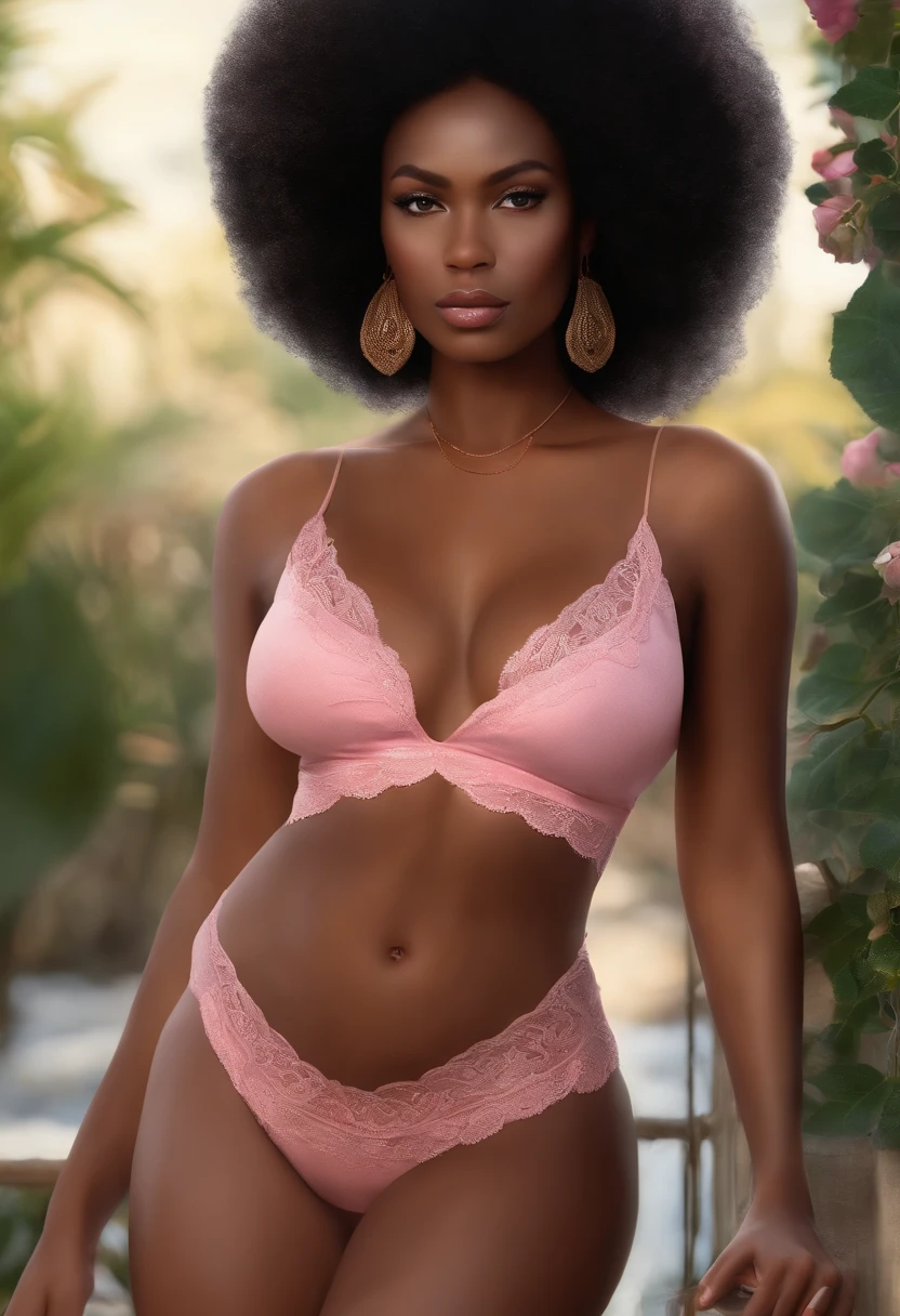 Portrait of a thin black woman with large breasts and clammy skin, Curly Afro, corps entier, jupe moulante blanche, chemise rose, high resolucion, NSFW (en anglais seulement),
