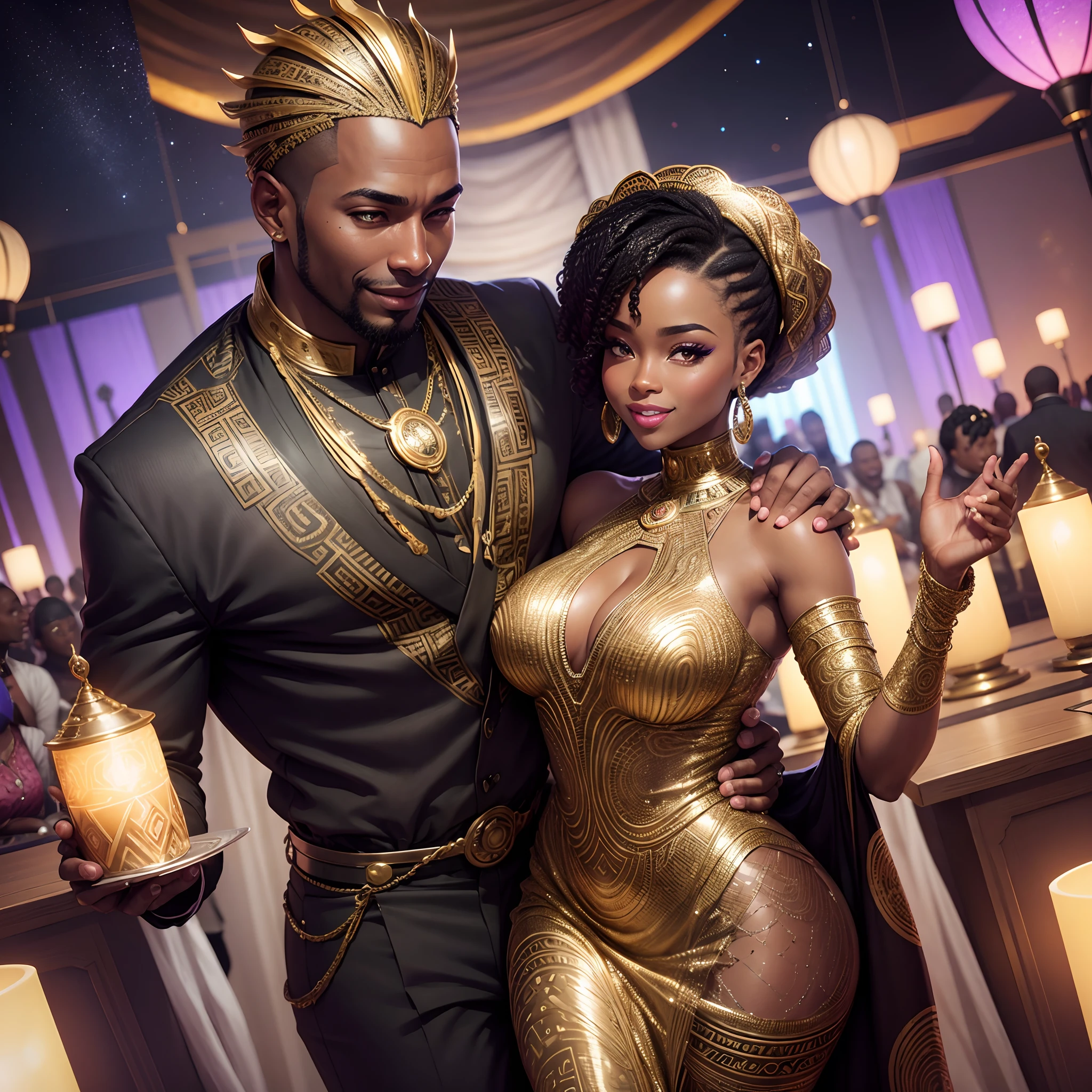 Close up of a happy Black man dressed in African designed clothes wedding a happy black woman dressed in african designed clothes getting married, futuristic african wedding with celebrating congregation in the background, in a futuristic African area surrounded by metallic candles, sphere drones in the sky, night time with stars shining, with iridescent light, photorealistic image, ultra HD, cinematic lighting, artgerm style,
