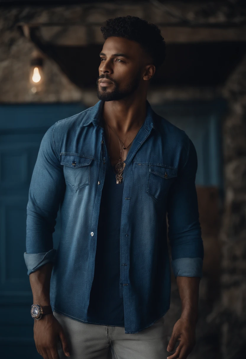 Homem de cabelos negros. Camiseta azul, Denim Jeans Pants. Luzes nos olhos de cor azul. Energia azul em volta do seu corpo.