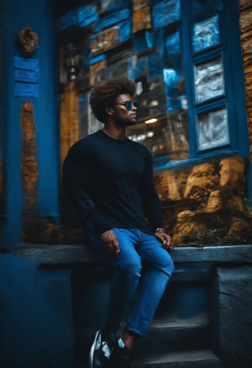 Homem de cabelos negros. Camiseta azul, Denim Jeans Pants. Luzes nos olhos de cor azul. Energia azul em volta do seu corpo.