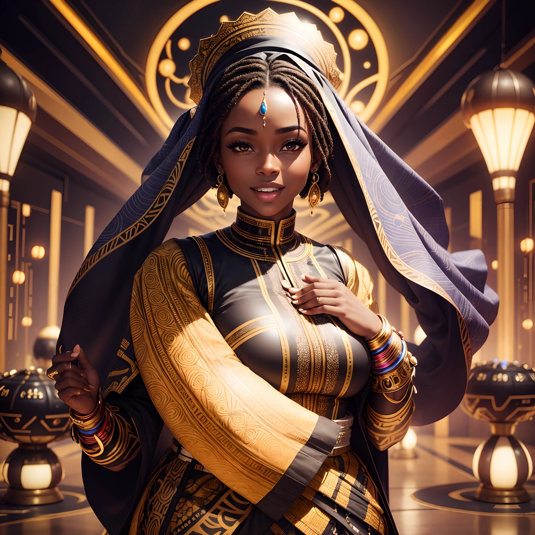 Close up of a happy Black man dressed in African designed clothes wedding a happy black woman dressed in african designed clothes getting married, futuristic african wedding with celebrating congregation in the background, in a futuristic African area surrounded by metallic candles, sphere drones in the sky, night time with stars shining, with iridescent light, photorealistic image, ultra HD, cinematic lighting, artgerm style,