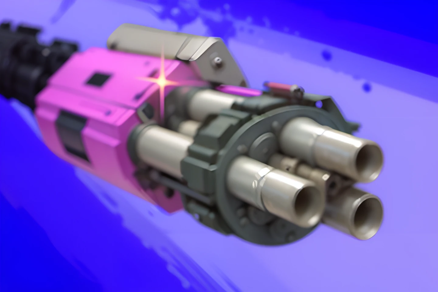 (Best quality, masterpiece, 4k) 1 object, violet cannon, chaingun, grey forearm, rotator gun, purple background.