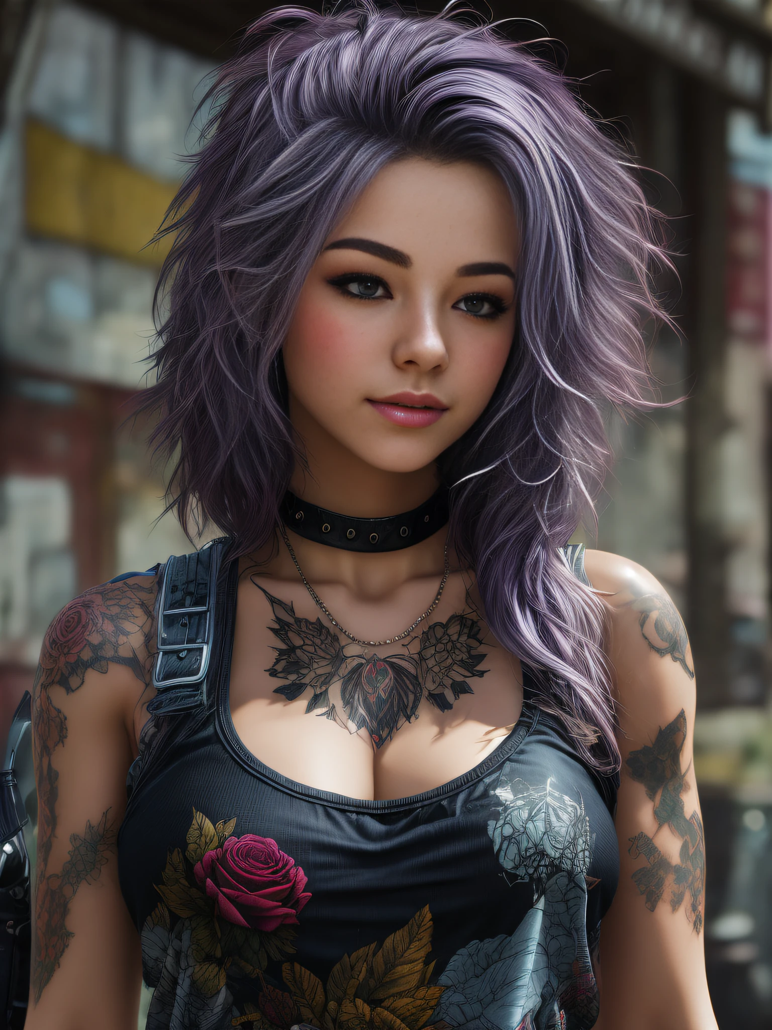 (premier quality、8k、32K、tmasterpiece、nffsw:1.3),The art of Luis Royo、(Realstic,photoreallistic:1.4),(Ultra -High Definition)、(Ultra-realistic 8kCG),very detailed skin:1.2,Fille punk de ,Visage incroyablement mignon、clivage du sein、Cheveux punk radicaux,Mode punk,Radical Tank Top、pantalons chauds、Maquillage farfelu、cheveux rose vif,、(Beaucoup de tatouages sur le corps),8 Head body、London Street Background、Beautiful shade gradient by sunlight、profondeur de champs,Dos flou,