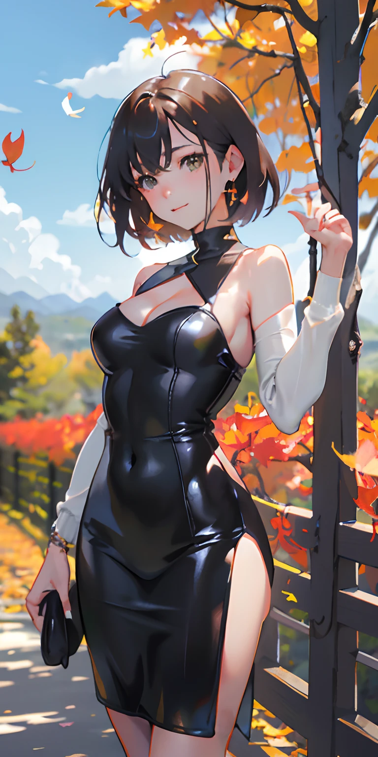 realisticlying、girl with、Outdoor Fashion、Autumn leaves Autumn leaves、Beautiful ginkgo tree、Slightly larger breasts with an emphasis on cleavage、Sexy Posing、Nature views