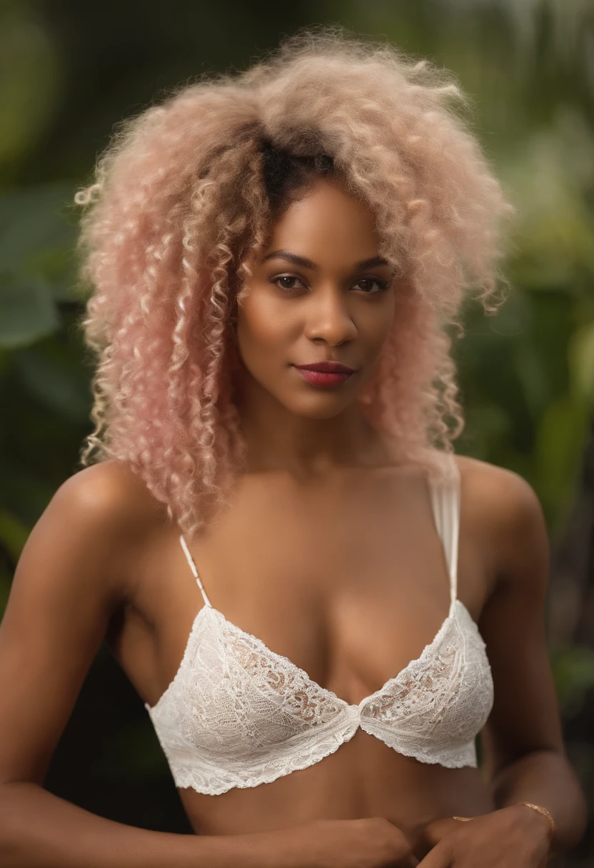 Portrait of a thin black woman with perky breasts and clammy skin, curly braids, corps entier, jupe moulante blanche, chemise rose, high resolucion, NSFW