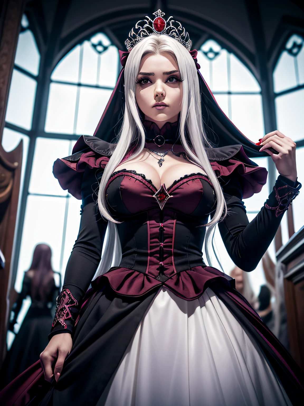 **shalltear bloodfallen**³. She's petite and a true vampire and the Keeper of the Floor from the first to third floors of Nazarick's Great Tomb². 
Fortress of the Great Tomb of Nazarick
Shalltear has the appearance of a pale-skinned young woman, cabelos loiros platinados e olhos vermelhos. She wears a white gothic dress with red and black accents, que destaca suas curvas e seios volumosos. She also wears a tiara with a red jewel, brincos de argola, a necklace with a heart pendant, bracelets and rings. Ela tem duas presas afiadas que podem ser vistas quando ela sorri ou ri. Ela carrega um cajado negro com uma esfera vermelha na ponta, What is your main weapon².

Shalltear has a very flirtatious personality and is open with his sexual preferences, muitas vezes para o desconforto de seus colegas, incluindo seu mestre Ainz. She is in love with Ainz and vies for her attention with Albedo, the Overseer of the Guardians. She also likes blood and fresh meat, and has a tendency to torture its victims before killing them. )))A perfect and definitive idol that captivates everyone,olhos brilhantes super detalhados sem defeitos, lugar sombrio e misterioso. Realista Overlord Anime Setting, Dramatic and sinister nighttime ambient lighting giving an air of suspense and horror movie, Olhar ganancioso convidando um homem、cabelos intrincados、９Perfect head and body figure、Linha de Corpo Perfeita、 Figura fina、Enfatizar a clivagem、Tiroteio RAW、photorealistic cinematic render、hyperrealistic rendering、foto retrato、night time render、Fotos gerais coesas、texturas de pele realistas、alta qualidade、alto detalhado、mais alta qualidade、alta resolubilidade、HDR 8K、Rastreamento de raio、canon, NSFW