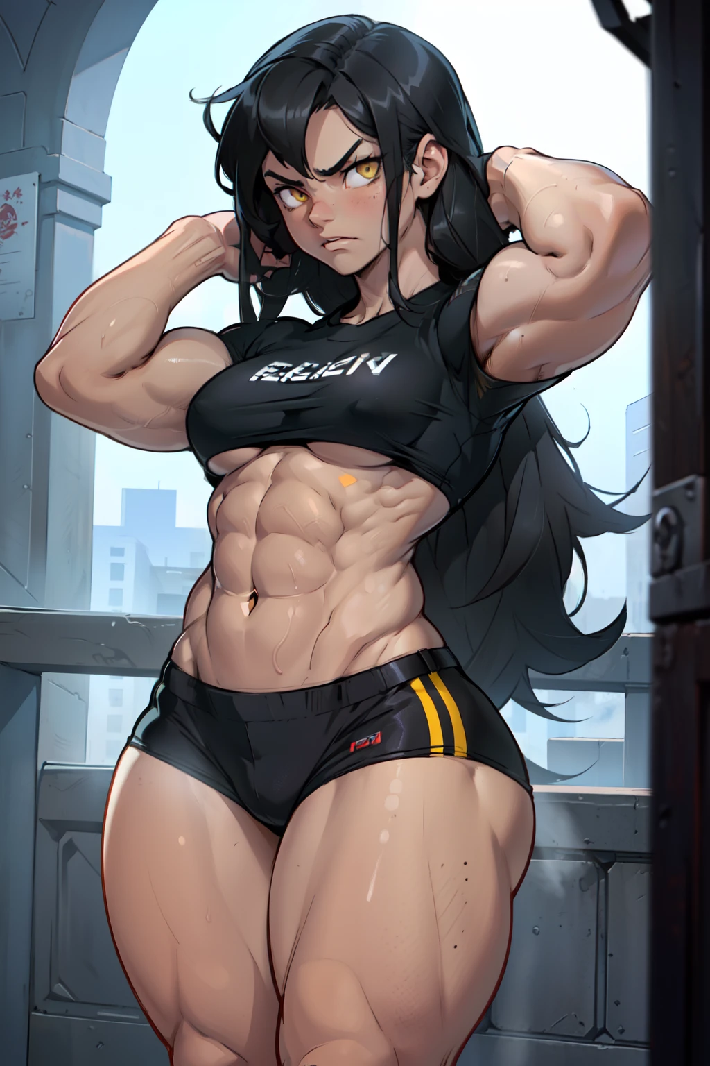 (((((muscular 1 girl))))), (((thick thighs, small breasts, toned body 1 girl))), black hair, yellow eyes, angry, (tight shirt very long hair pale skin) navel