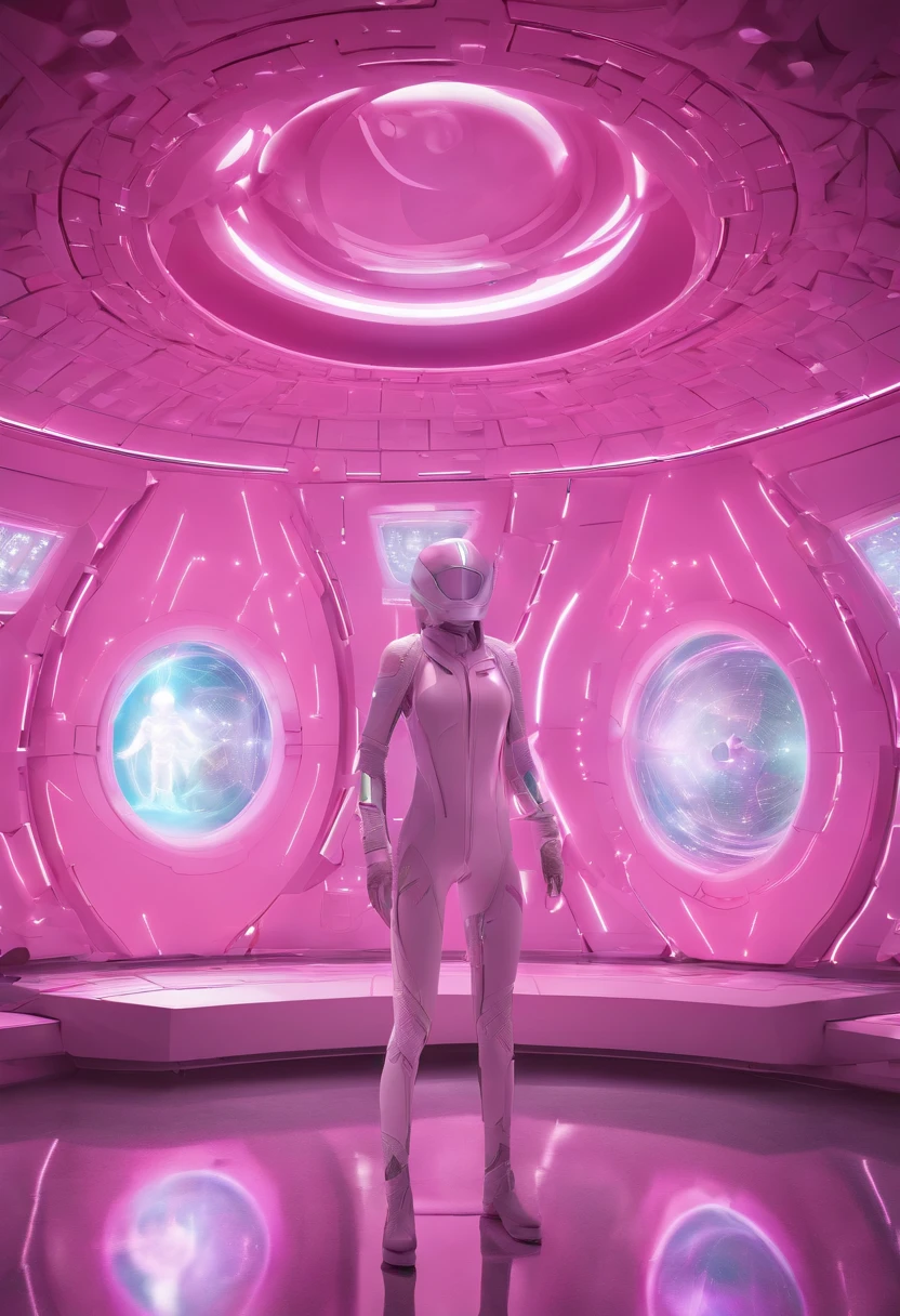 Alien regeneration room with symbology of the quantum holographic system, Quantum holography of sacred geometry forming capsule for the person to lie there to heal a gigantic, Lounge minimalista, A stunning laboratory, Where aliens and experts conduct advanced genetic studies. The atmosphere is saturated with intricate extraterrestrial symbolism, and holography flows through space, adicionando camadas de complexidade visual. At the center of this scenario, An alien doctor stands out in her realistic pink costume, cujo olhar cativante e expressivo, Feature Two T-Grey, contrasts with his large head and delicate facial features. The camera, positioned at a strategic distance, captures a panoramic view that encompasses both the breadth of the laboratory and the expertise of the physicians who dedicate themselves to their tasks with precision. In the midst of futuristic technology, The lab proves to be a site of deep genetic exploration, where the combination of alien medical skills and technological advances results in a breathtaking visual and scientific spectacle.