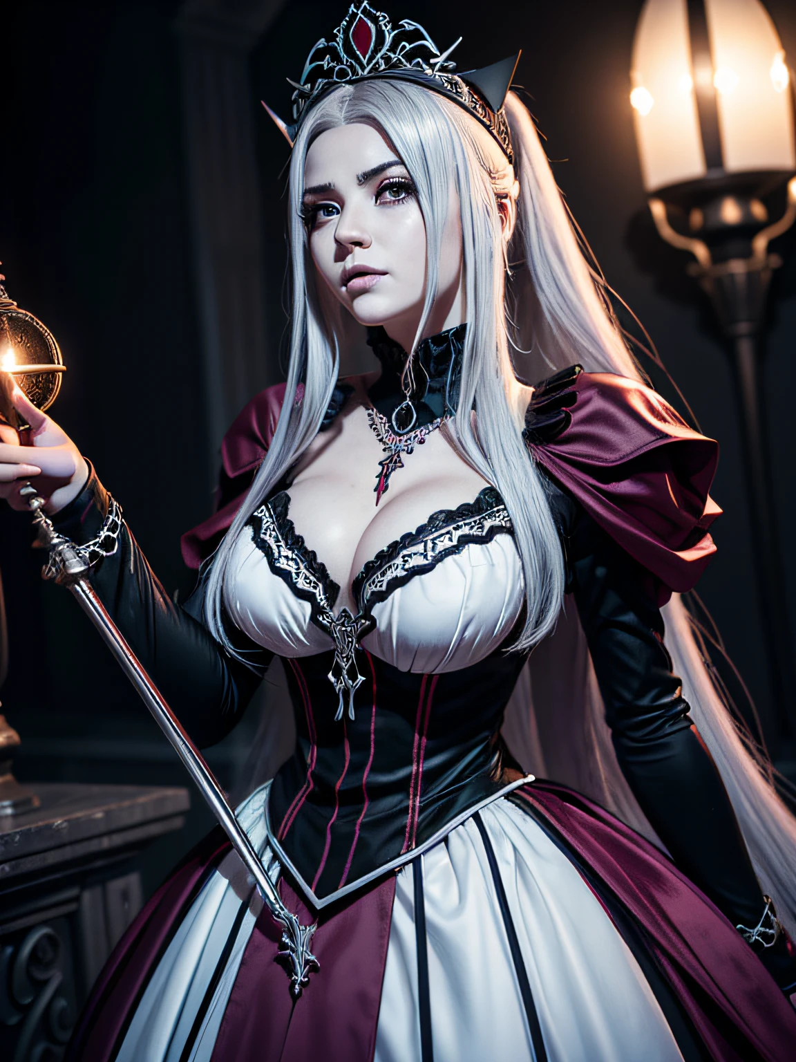 **shalltear bloodfallen**³. She's petite and a true vampire and the Keeper of the Floor from the first to third floors of Nazarick's Great Tomb².
Fortress of the Great Tomb of Nazarick
Shalltear has the appearance of a pale-skinned young woman, cabelos loiros platinados e olhos vermelhos. She wears a white gothic dress with red and black accents, que destaca suas curvas e seios volumosos. She also wears a tiara with a red jewel, brincos de argola, a necklace with a heart pendant, bracelets and rings. Ela tem duas presas afiadas que podem ser vistas quando ela sorri ou ri. Ela carrega um cajado negro com uma esfera vermelha na ponta, What is your main weapon².
Shalltear has a very flirtatious personality and is open with his sexual preferences, muitas vezes para o desconforto de seus colegas, incluindo seu mestre Ainz. She is in love with Ainz and vies for her attention with Albedo, the Overseer of the Guardians. She also likes blood and fresh meat, and has a tendency to torture its victims before killing them. )))A perfect and definitive idol that captivates everyone,olhos brilhantes super detalhados sem defeitos, lugar sombrio e misterioso. Realista Overlord Anime Setting, Dramatic and sinister nighttime ambient lighting giving an air of suspense and horror movie, Olhar ganancioso convidando um homem、cabelos intrincados、9Perfect head and body figure、Linha de Corpo Perfeita、 Figura fina、Enfatizar a clivagem、Tiroteio RAW、photorealistic cinematic render、hyperrealistic rendering、foto retrato、night time render、Fotos gerais coesas、texturas de pele realistas、alta qualidade、alto detalhado、mais alta qualidade、alta resolubilidade、HDR 8K、Rastreamento de raio、canon, NSFW