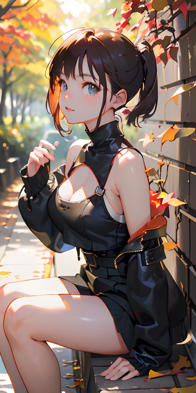 realisticlying、girl with、Outdoor Fashion、Autumn leaves Autumn leaves、Beautiful ginkgo tree、Big breasts with an emphasis on cleavage、Sexy Posing、Nature views