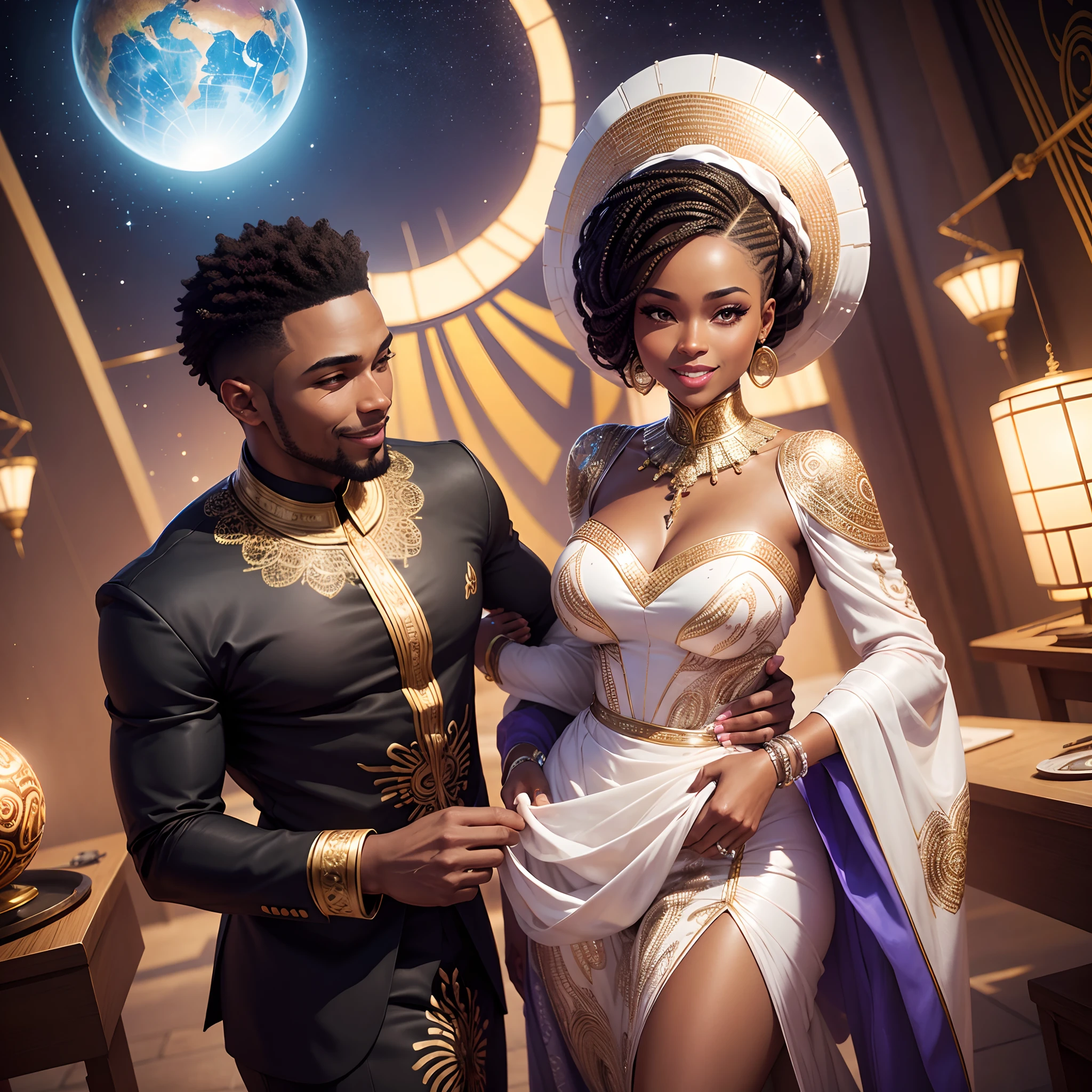 Close up of a happy Black man dressed in African designed clothes wedding a happy black woman dressed in african designed clothes getting married, futuristic african wedding with celebrating congregation in the background, in a futuristic African area surrounded by metallic candles, sphere drones in the sky, night time with stars shining, with iridescent light, photorealistic image, ultra HD, cinematic lighting, artgerm style,