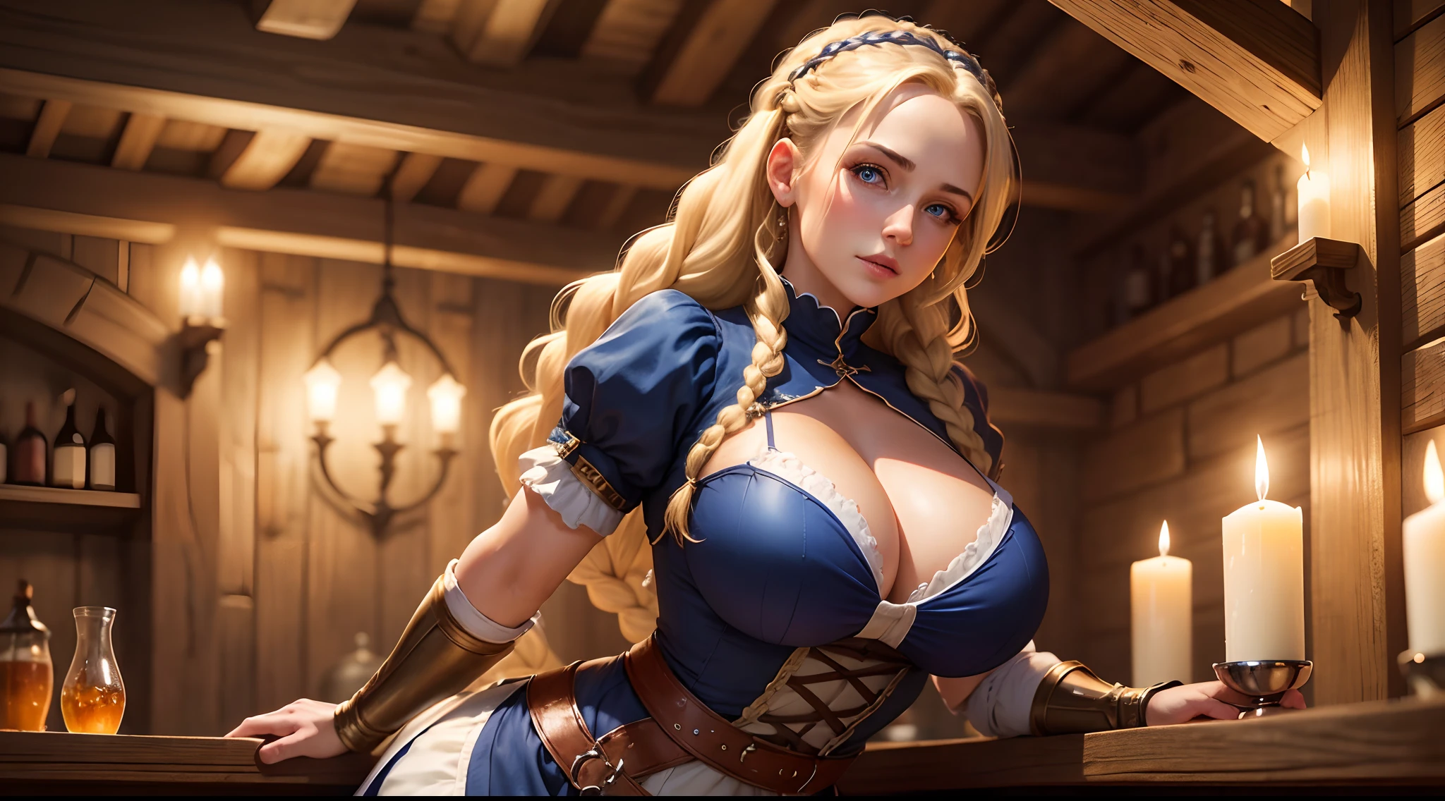 8K, extreme details, best quality, photorealistic, 1 solo woman, full body, beautiful lady, medieval tavern background, bar maiden outfit, huge breasts, eager expression, ready to serve, light rays, warm candle glow back ground, blonde braided hair, blue eyes