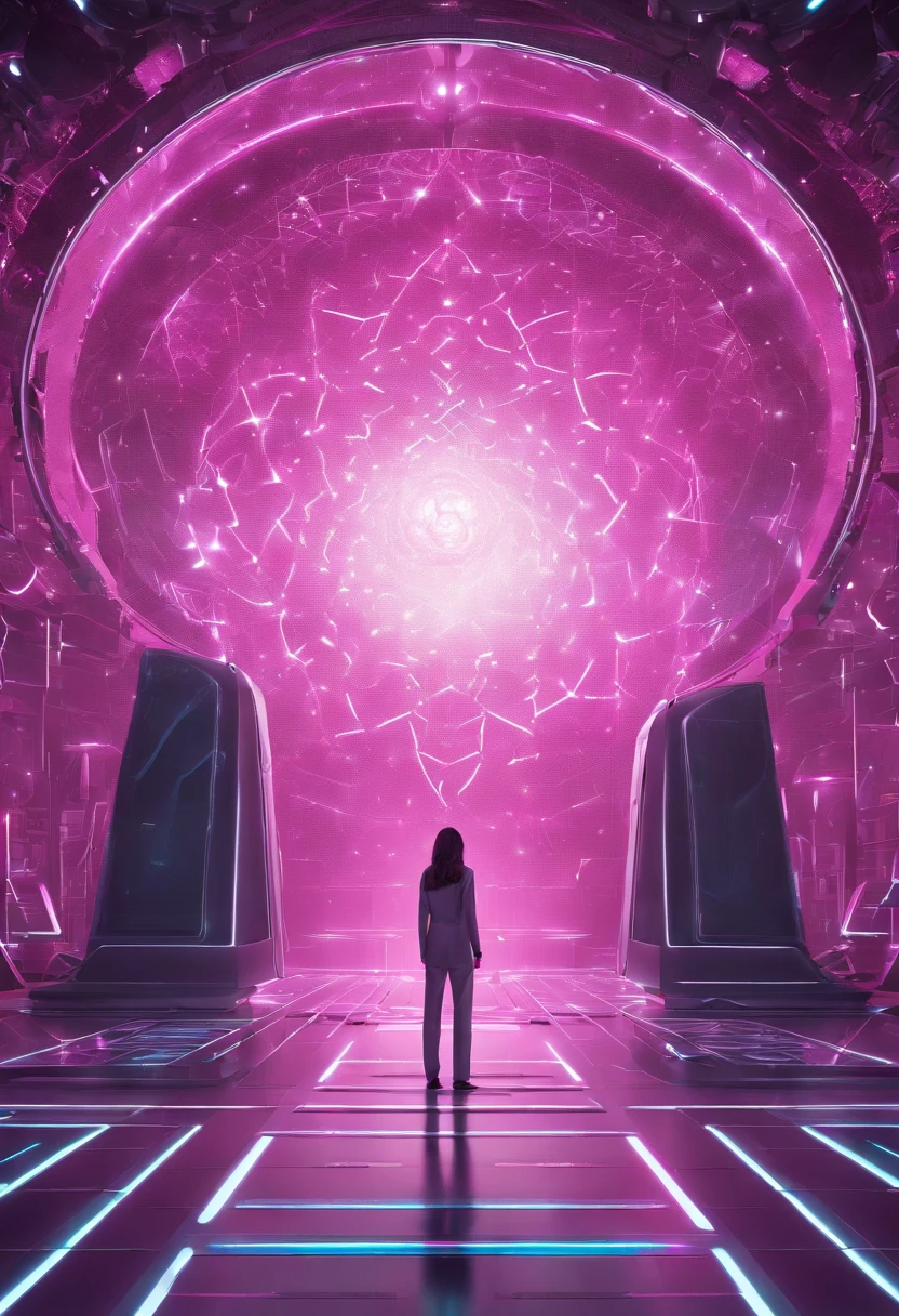 Alien regeneration room with symbology of the quantum holographic system, Quantum holography of sacred geometry forming capsule for the person to lie there to heal a gigantic, Lounge minimalista, A stunning laboratory, Where aliens and experts conduct advanced genetic studies. The atmosphere is saturated with intricate extraterrestrial symbolism, and holography flows through space, adicionando camadas de complexidade visual. At the center of this scenario, An alien doctor stands out in her realistic pink costume, cujo olhar cativante e expressivo, Feature Two T-Grey, contrasts with his large head and delicate facial features. The camera, positioned at a strategic distance, captures a panoramic view that encompasses both the breadth of the laboratory and the expertise of the physicians who dedicate themselves to their tasks with precision. In the midst of futuristic technology, The lab proves to be a site of deep genetic exploration, where the combination of alien medical skills and technological advances results in a breathtaking visual and scientific spectacle.