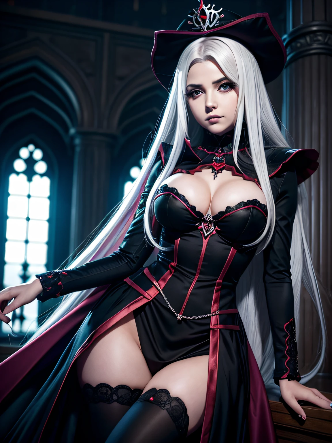 **shalltear bloodfallen**³. She's petite and a true vampire and the Keeper of the Floor from the first to third floors of Nazarick's Great Tomb². 
Fortress of the Great Tomb of Nazarick
Shalltear has the appearance of a pale-skinned young woman, cabelos loiros platinados e olhos vermelhos. She wears a white gothic dress with red and black accents, que destaca suas curvas e seios volumosos. She also wears a tiara with a red jewel, brincos de argola, a necklace with a heart pendant, bracelets and rings. Ela tem duas presas afiadas que podem ser vistas quando ela sorri ou ri. Ela carrega um cajado negro com uma esfera vermelha na ponta, What is your main weapon².

Shalltear has a very flirtatious personality and is open with his sexual preferences, muitas vezes para o desconforto de seus colegas, incluindo seu mestre Ainz. She is in love with Ainz and vies for her attention with Albedo, the Overseer of the Guardians. She also likes blood and fresh meat, and has a tendency to torture its victims before killing them. )))A perfect and definitive idol that captivates everyone,olhos brilhantes super detalhados sem defeitos, lugar sombrio e misterioso. Realista Overlord Anime Setting, Dramatic and sinister nighttime ambient lighting giving an air of suspense and horror movie, Olhar ganancioso convidando um homem、cabelos intrincados、９Perfect head and body figure、Linha de Corpo Perfeita、 Figura fina、Enfatizar a clivagem、Tiroteio RAW、photorealistic cinematic render、hyperrealistic rendering、foto retrato、night time render、Fotos gerais coesas、texturas de pele realistas、alta qualidade、alto detalhado、mais alta qualidade、alta resolubilidade、HDR 8K、Rastreamento de raio、canon, NSFW