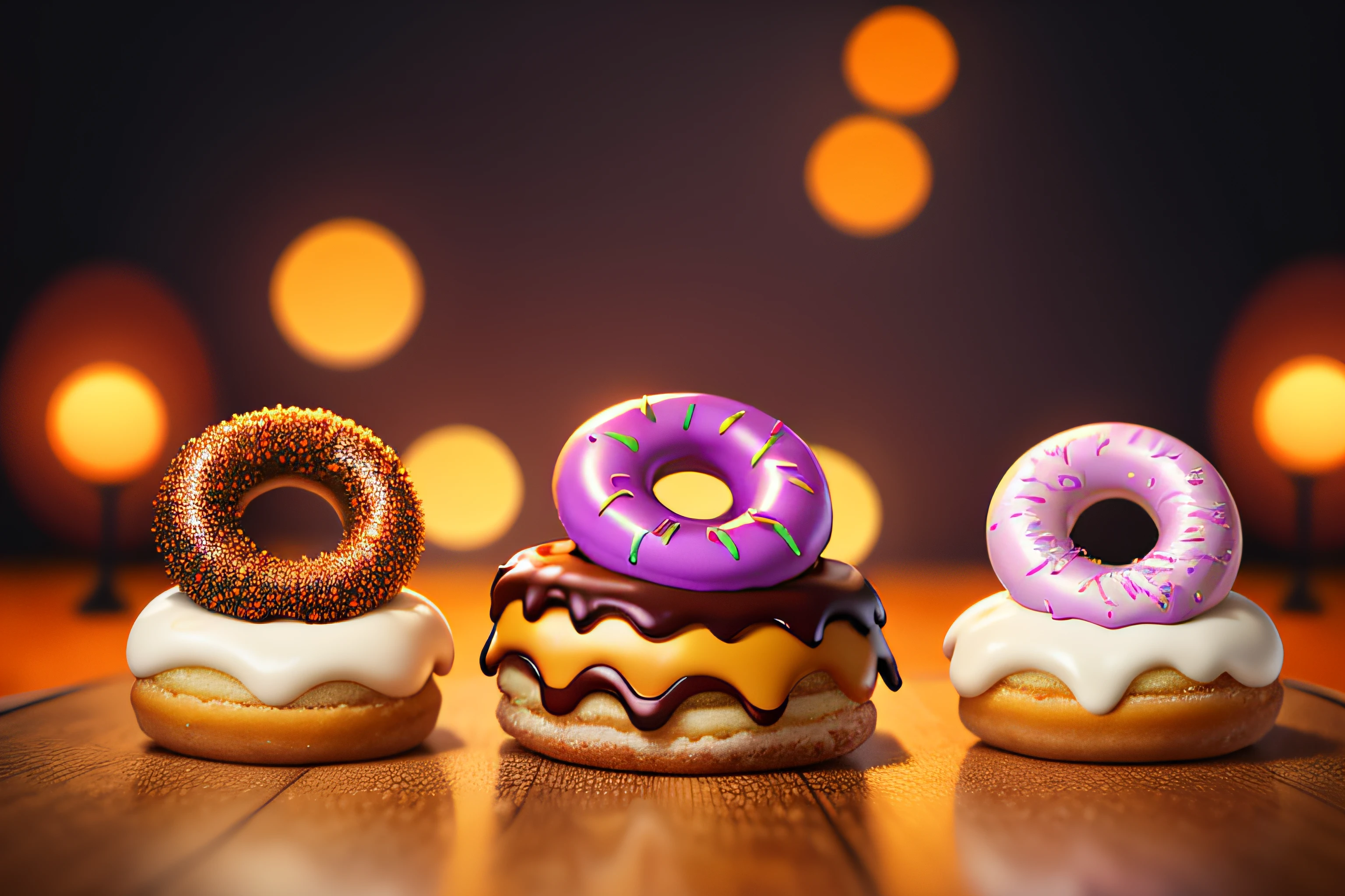 (raw photo), a row of halloween themed donuts on a table, foodphoto, blurred background, full view, 8k, photorealistic image, excellent quality.