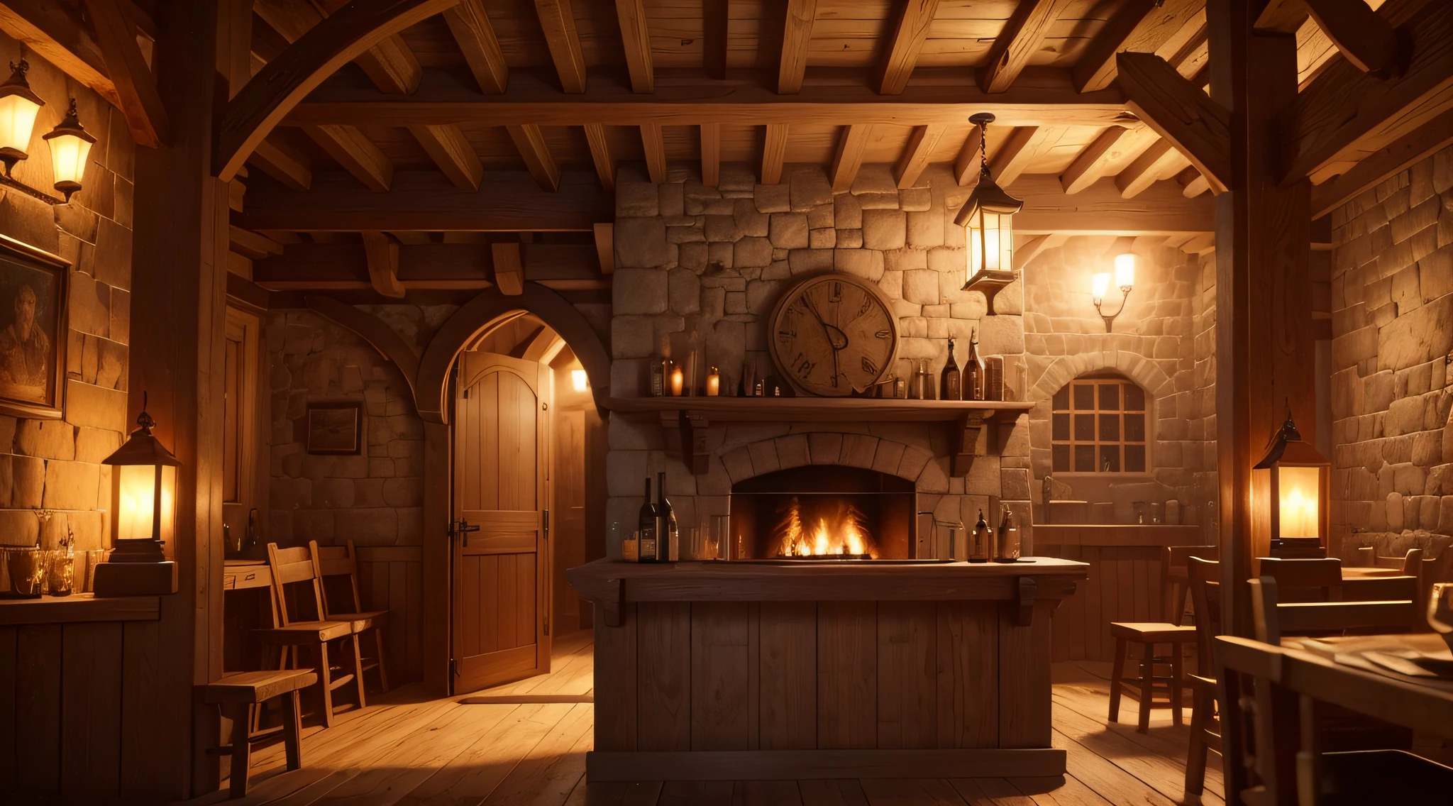 8K, extreme details, best quality, photorealistic, medieval tavern, intricate, fireplace, warm glow, atmospheric