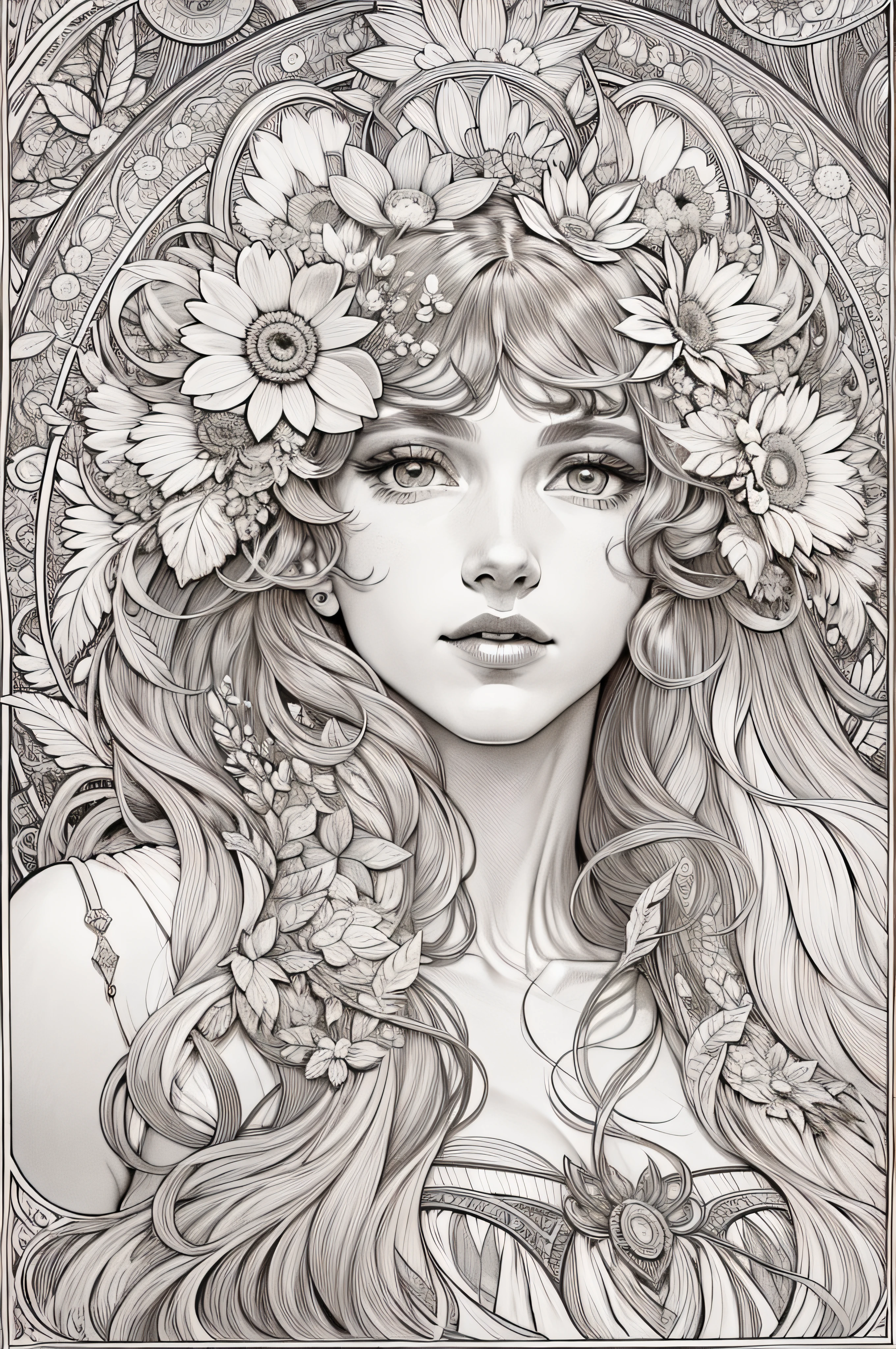 Jardim, book page coloring art, fundo branco completo, Use only the outline, arte de linha, livro para colorir, Arte de linha limpa, Mandala para colorir com enfeites da natureza, arte de linha simples e limpa, coloring book page, adornado em estilo Art Nouveau, com um toque de pincel de Alfons Mucha, detalhes perfeitos, real, cabelos brancos, unfilled hair, contorno apenas de cabelo.