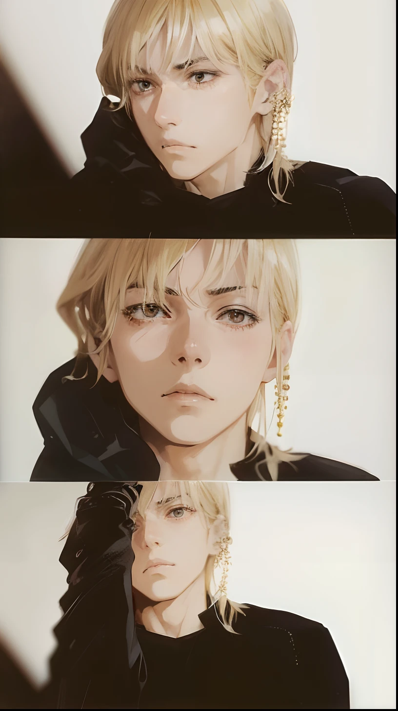 Japanese anime, Beautiful young man, a blond, Dark eyes, freckle, Medium Hair, Ear cuffs, Black clothes, Dignified face, film photography