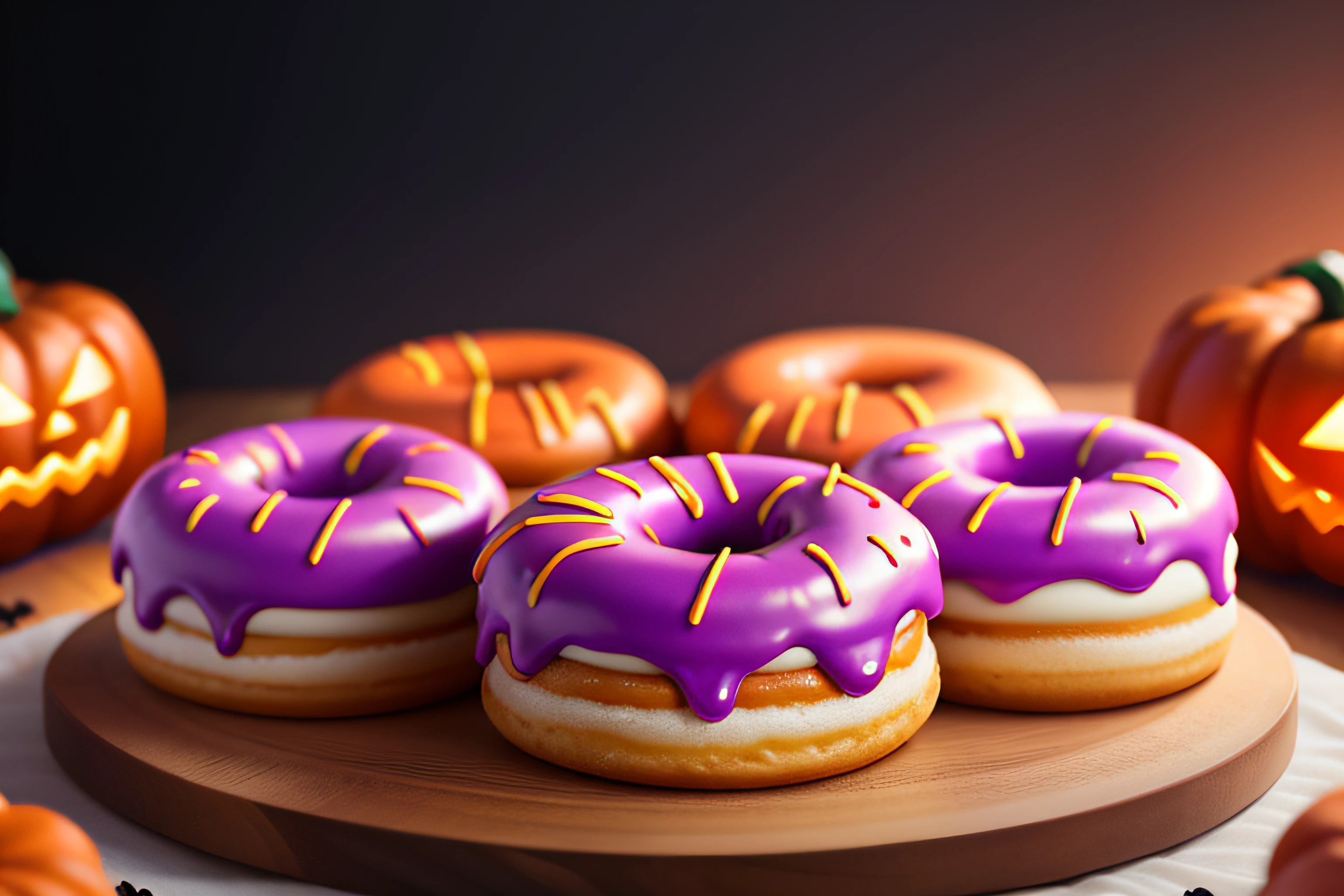 (raw photo), a row of halloween themed donuts on a table, foodphoto, blurred background, full view, 8k, photorealistic image, excellent quality.