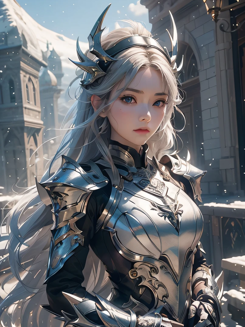 Close-up of woman holding sword and armor, Armor Girl, 2. 5D CGI anime fantasy artwork, Large Breasts,Epic fantasy digital art style, detailed Digital 2D fantasy art, Digital 2D fantasy art, original photo, (best quality:1.3), high resolution, (masterpiece), (lifelike:1.4), Professional photography, Be focused, High Dynamic Range, 8K resolution, Intricate details, Fine details, Depth of Field, Extremely detailed CG unified 8k wallpaper, masterpiece,poster,best quality,Official Art,(Beauty and aesthetics:1.2),(masterpiece:1.3),miss,Personal,Light Leather Armor,Complex Mode,winter,Snow Mountain,Medium distance photography,(midnight),dramatic,Glowing Wings,