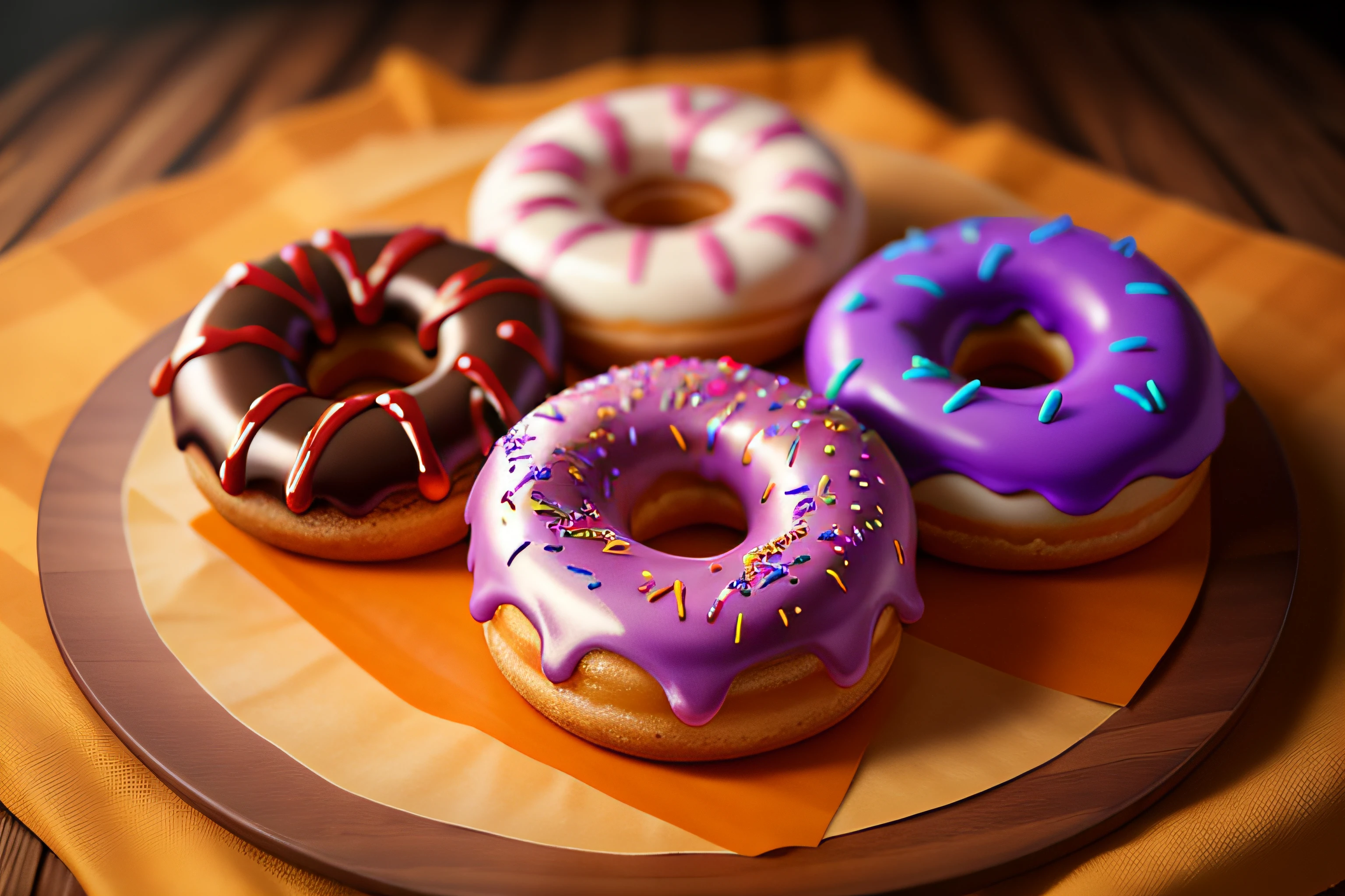 (raw photo), halloween themed donuts on a table seen from above, foodphoto, blurred background, full view, 8k, photorealistic image, excellent quality.